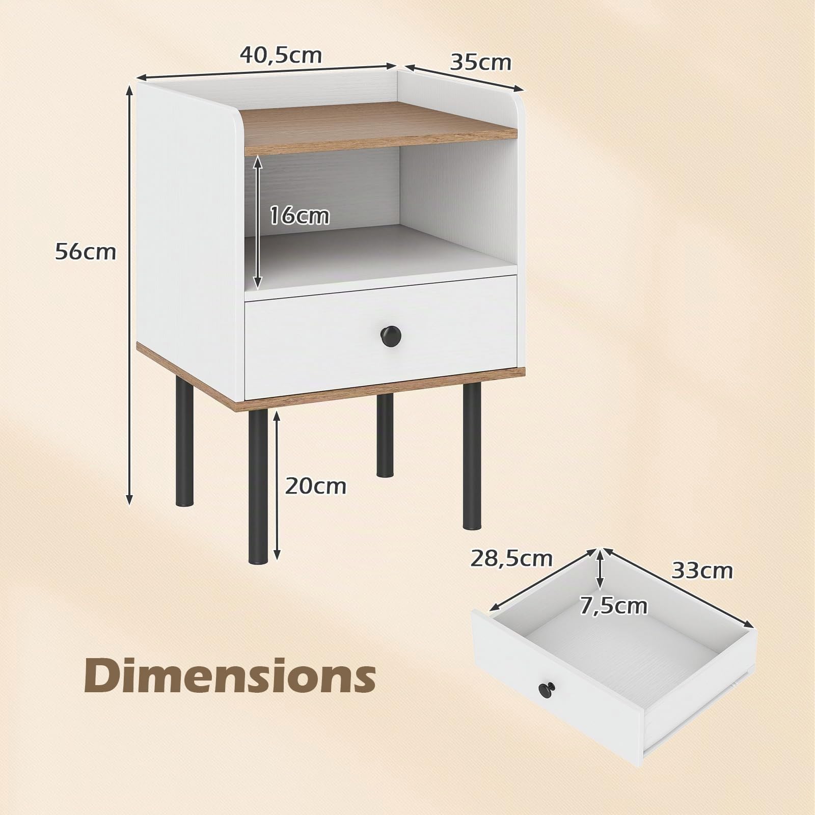 COSTWAY Table de Chevet, Table de Nuit avec Tiroir, Étagère de Rangement Ouverte, Pieds en Métal, Bout de Canapé, Chevet de Lit Moderne pour Salon, Chambre, Petits Espaces, Blanc
