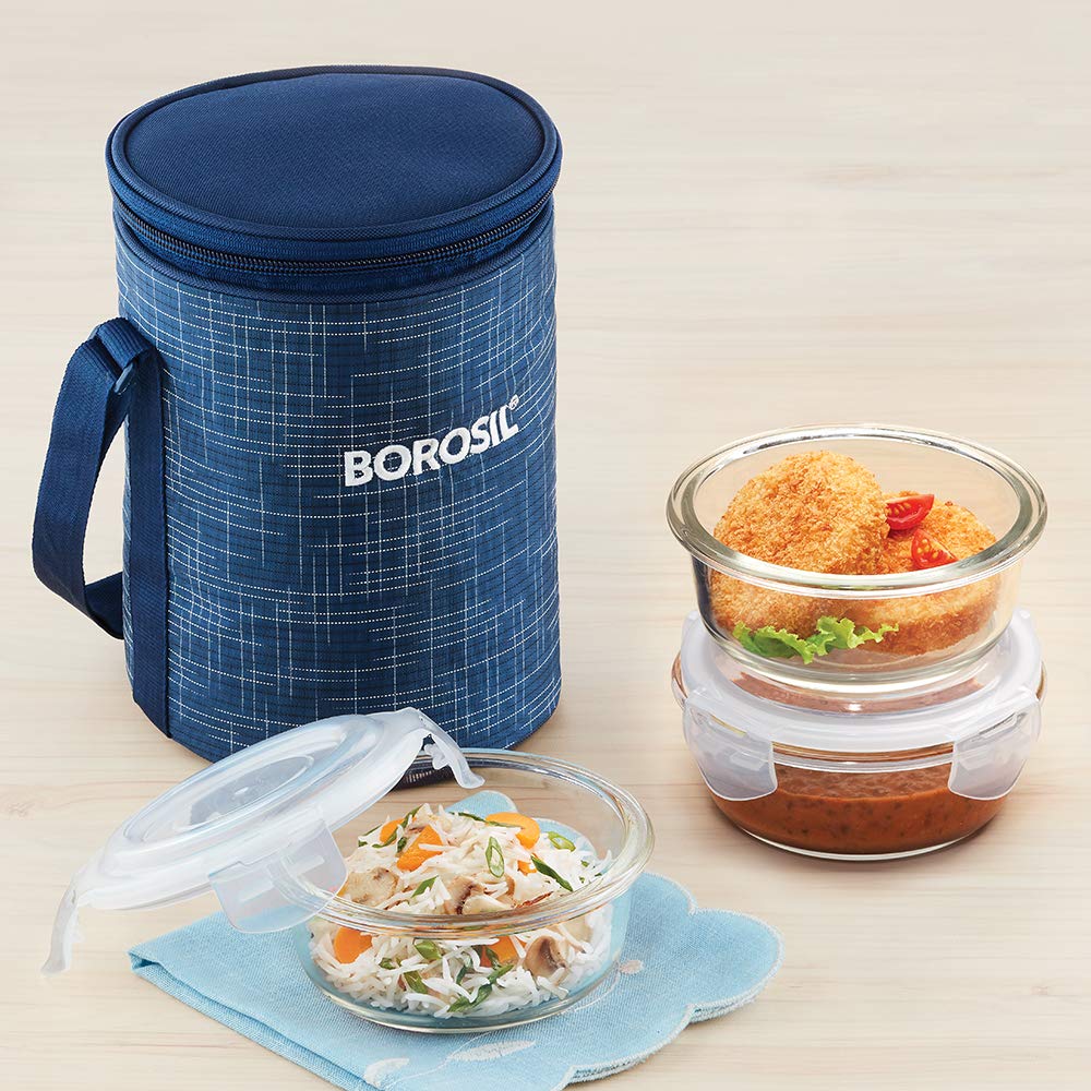 Borosil Indigo Lunchbox with Bag | 3 pc Borosilicate Glass Round Container Set (400 ml Each) | Microwave & Dishwasher Safe, Leak Proof | Tiffin for Office, School, College | Blue - Image 2 thumbnail