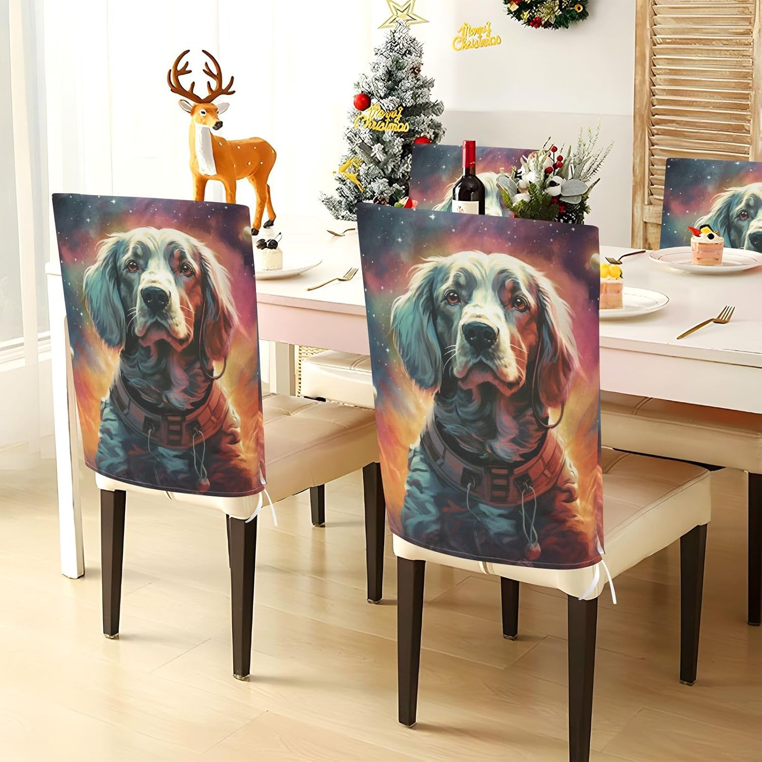 ALAZA Retro Dog and Galaxy Chair Back Cover Set of 6, Washable Reusable Removable Chair Slipcovers Decorative Chair Cover for Home Kitchen Wedding Party