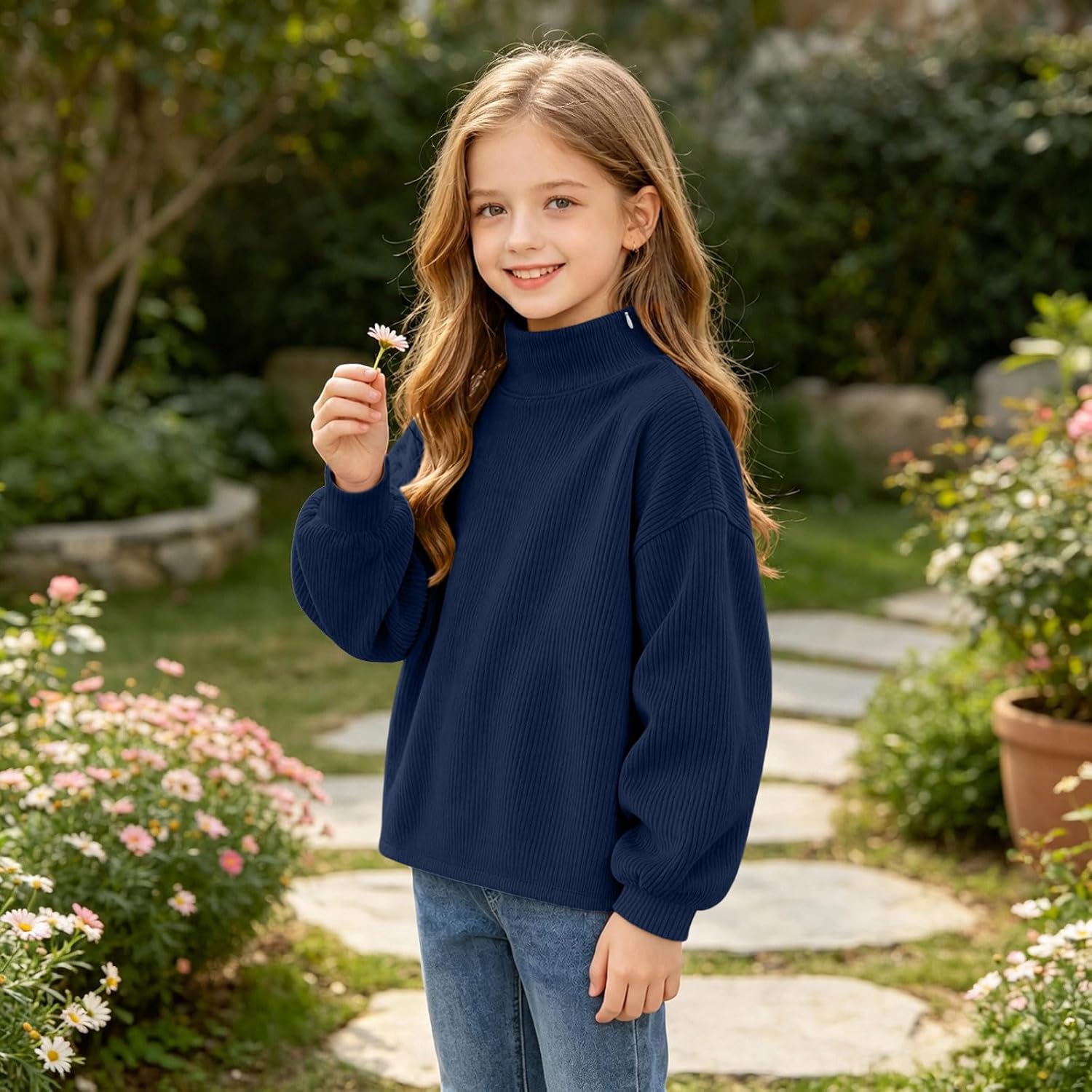Girls Turtleneck Ribbed Sweatshirt Pullover Fall Winter 2026