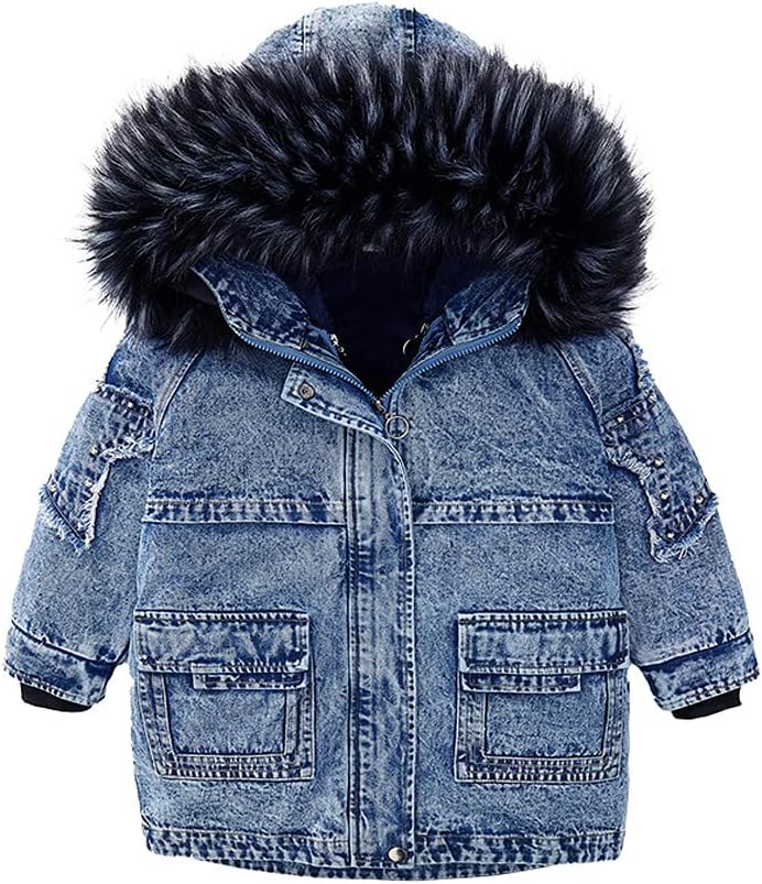 Big Girls Winter Fleece Lined Denim Jacket Faux Fur Hooded Warm Detachable Parka Overcoat