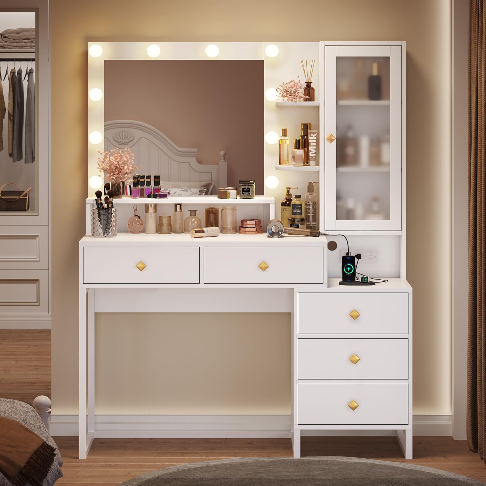Tiptiper Makeup Vanity Desk with Mirror and Lights & Charging Station, White Vanity Table with 5 Storage Drawer & Glass Door & 3 Shelves for Bedroom, Modern White