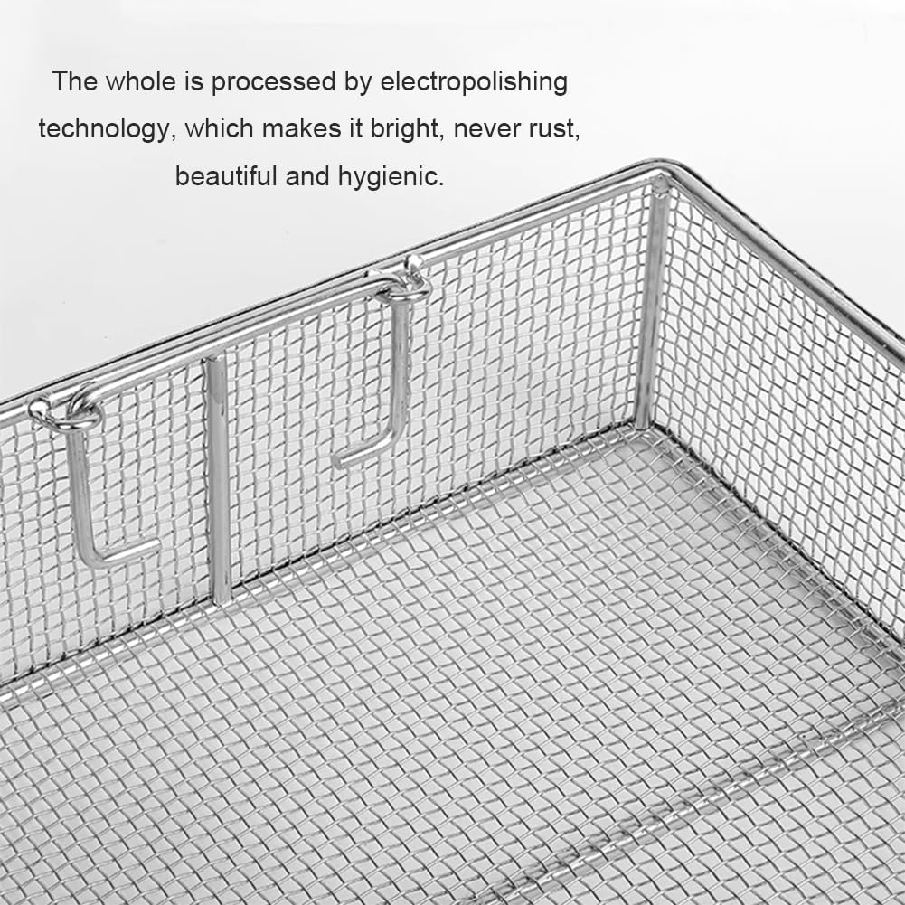 Vassoio per sterilizzazione medica in acciaio inossidabile, cesto rettangolare per lavaggio strumenti, design a rete perforata da 4 mm per una pulizia efficiente (45 x 28 x 7 cm)