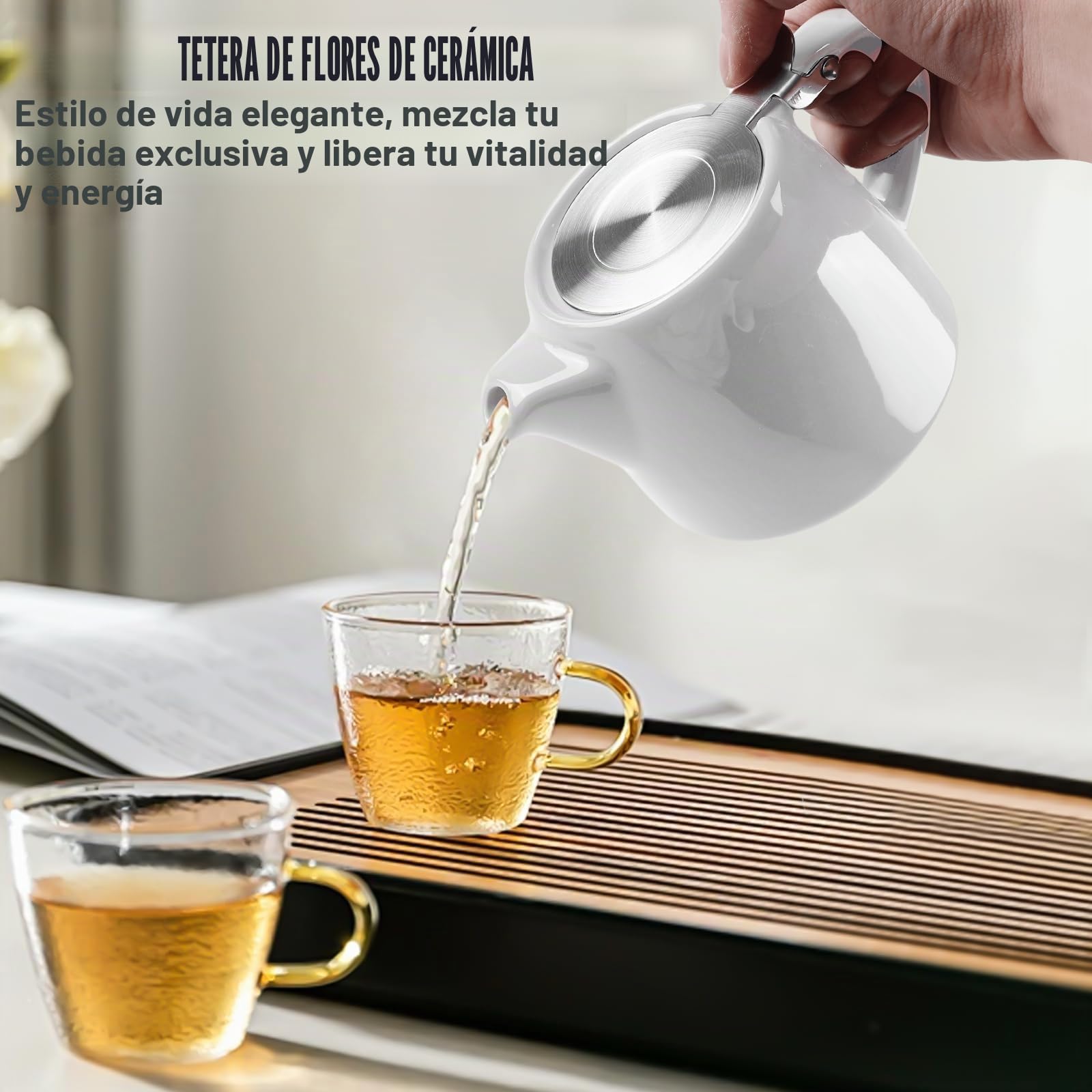 GAOUTO Tetera con colador, 500 ml, tetera de cerámica aislante con colador de acero inoxidable extraíble, infusor de malla fina, color blanco