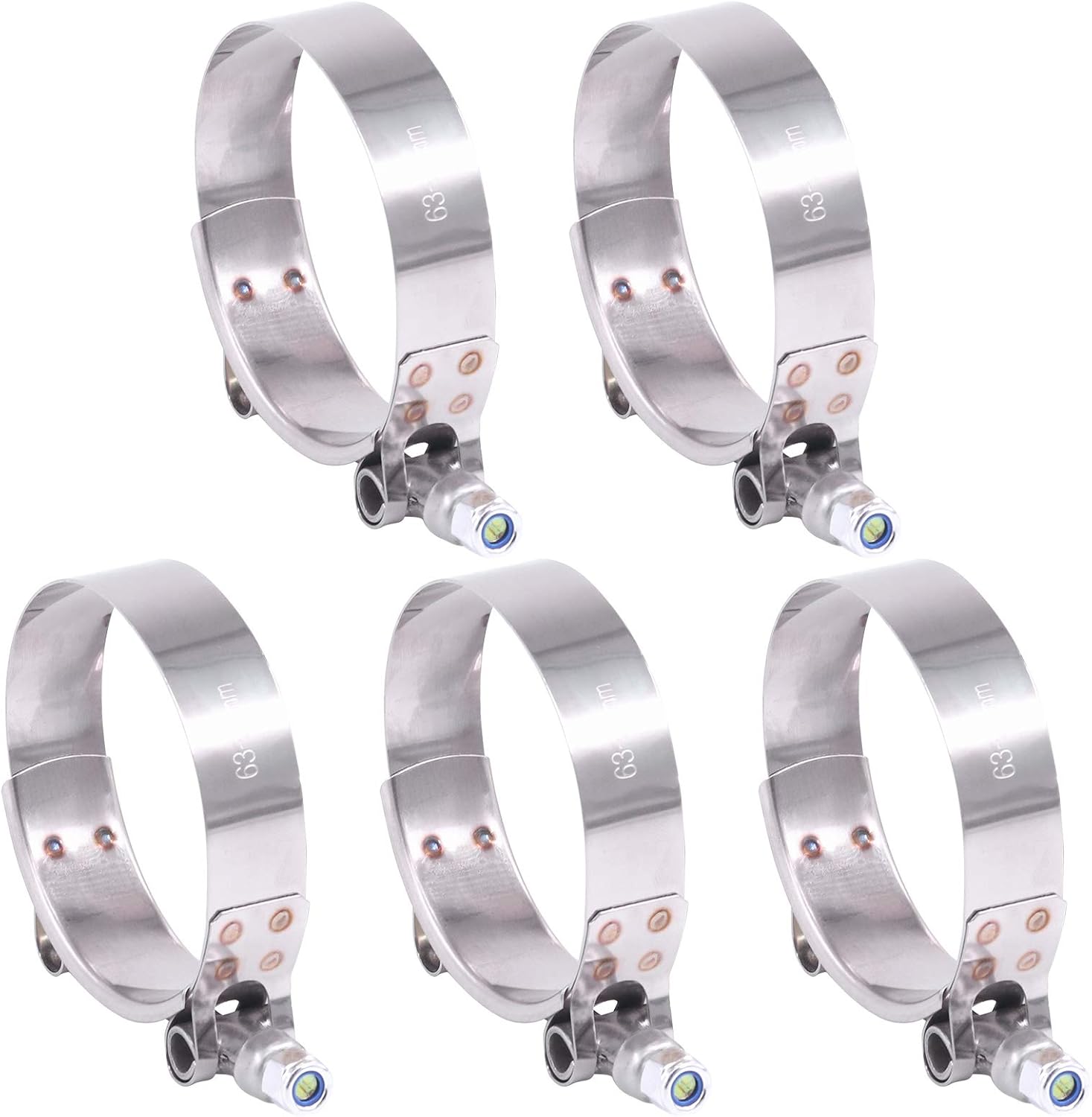 Hilitchi 5Pcs Stainless Steel T-Bolt Clamps with Rounded Band Edges Heavy Duty Turbo Intake Intercooler Clamp (63-71MM) for 2 1/4 Inch