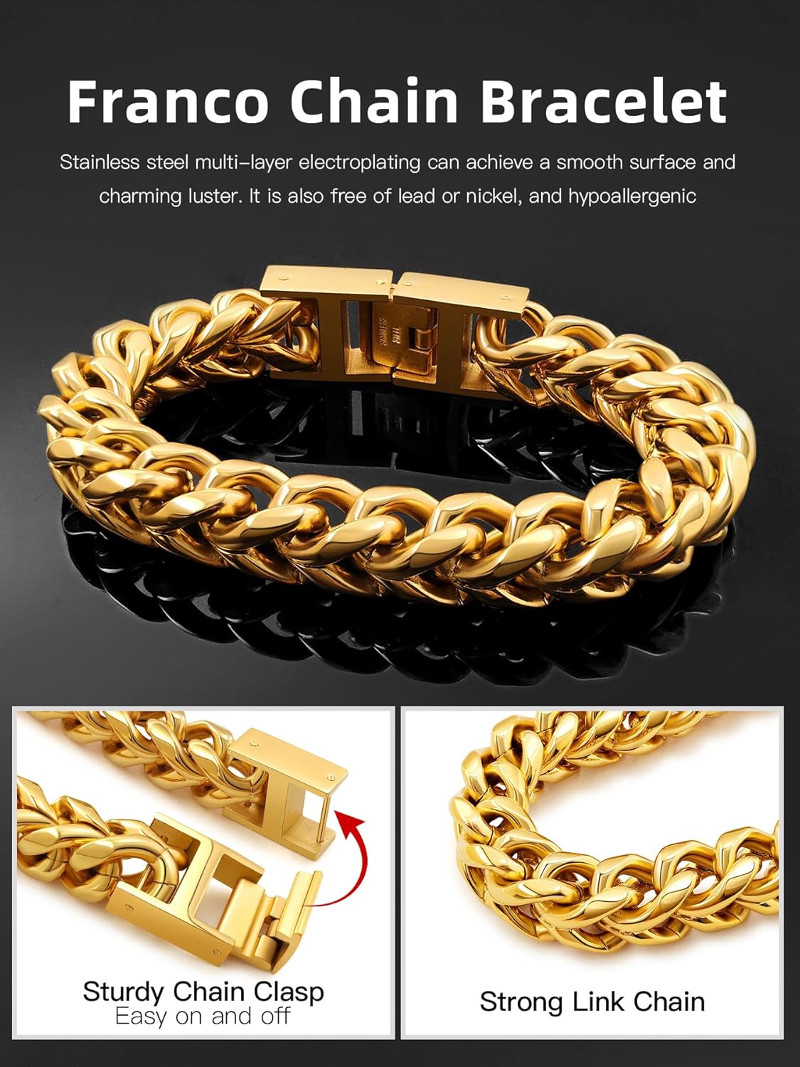 Mens Franco Chain Bracelet - 5MM, 8MM, 10MM Width - Stainless Steel/Black Metal/18K Gold Metal - Fold Over Clasp Jewelry Gift for Men, Dad, Husband