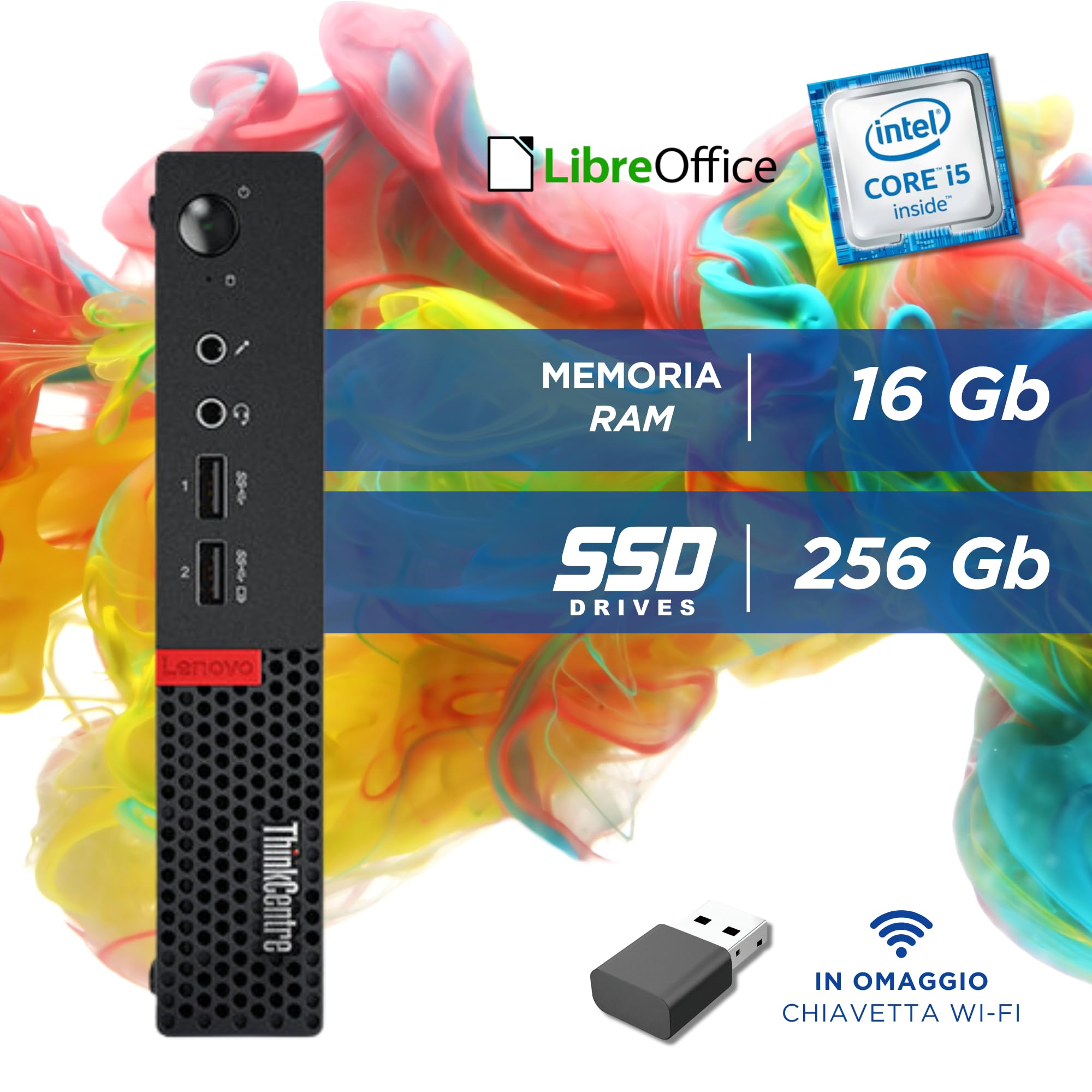Lenovo ThinkCentre, Mini Pc Tiny, Intel i5-6400 4 Core 2.5 Ghz, Ram 16Gb SSD 256Gb, Pc Desktop Mini con Omaggio Chiavetta Wi-fi (Ricondizionato)
