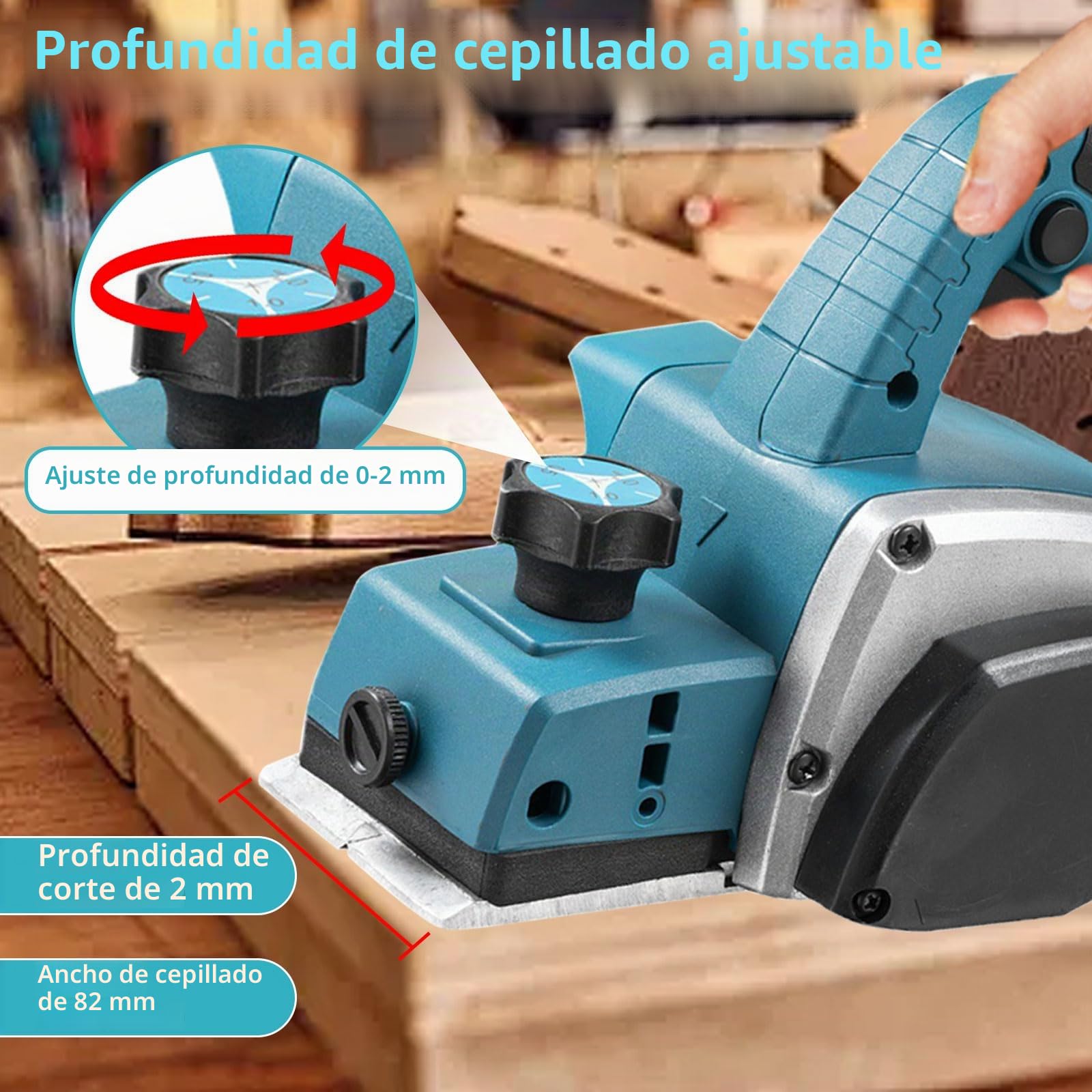 Cepilladora inalámbrica compatible con batería Makita de 18 V, cepilladora eléctrica de madera sin escobillas de 15000 RPM con 82 mm de ancho, profundidad ajustable de 0 a 2 mm para muebles de