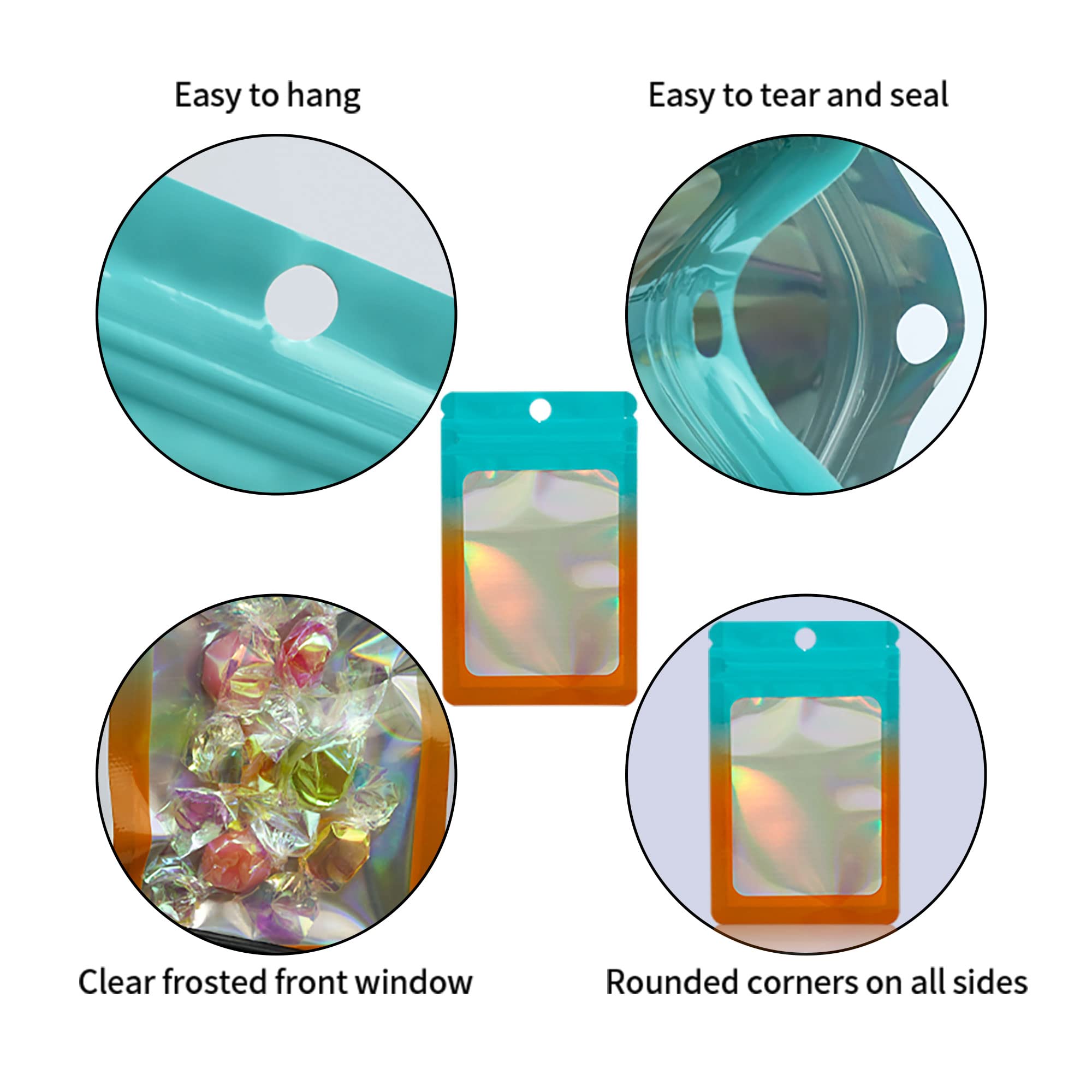 100 Stück blau verblassende orange wiederverschließbare Mylar-holografische Druckverschlussbeutel zur Lebensmittelaufbewahrung, geruchsdichte Beutel mit Frontfenster, Verpackungsbeutel für Kekse,