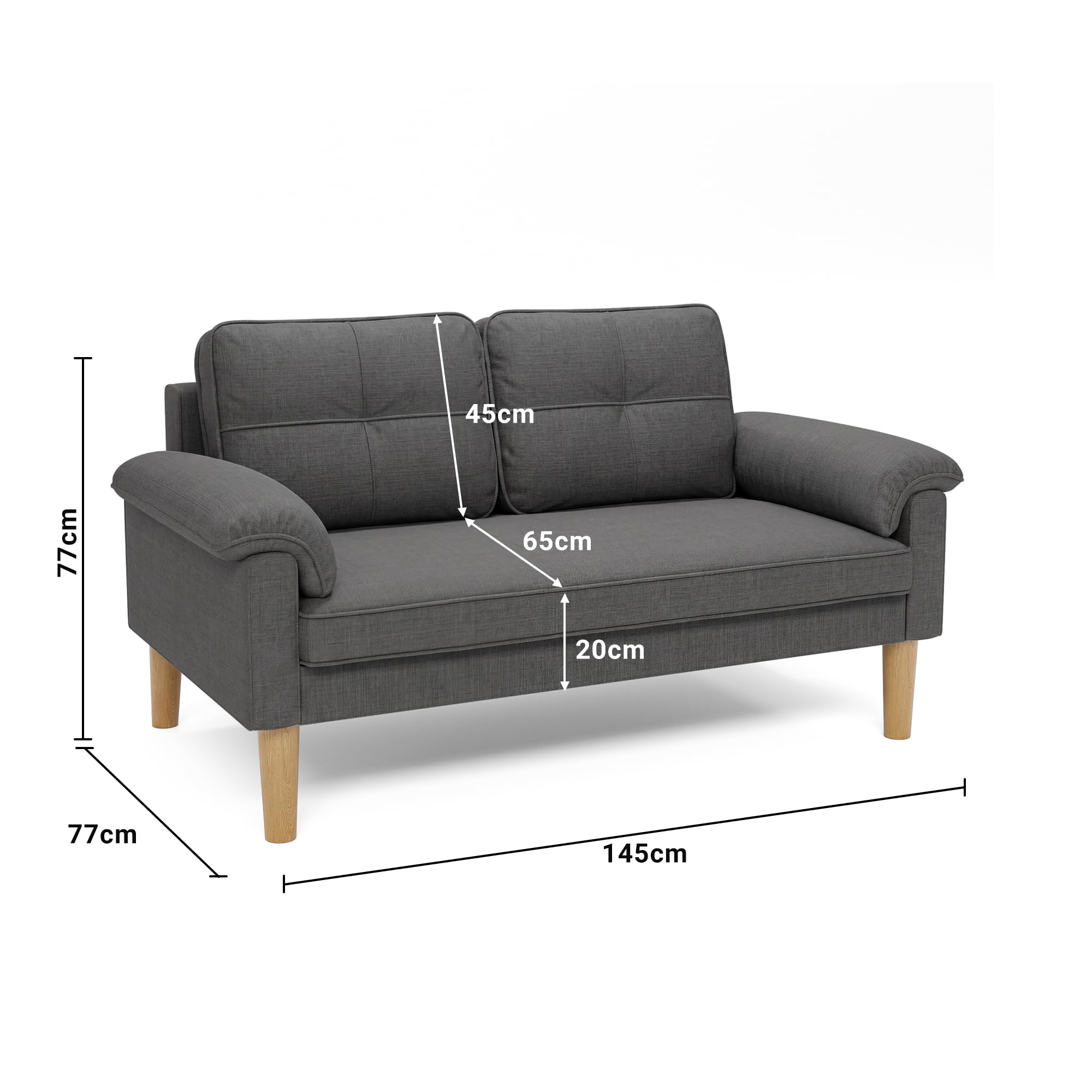 Xbro Divano a 2 Posti con Braccioli e Tasche Laterali, Piccolo Divano in Tessuto per Soggiorno, Appartamento, Ufficio, Facile da Montare, 145 x 77 x 77 cm, Grigio Scuro