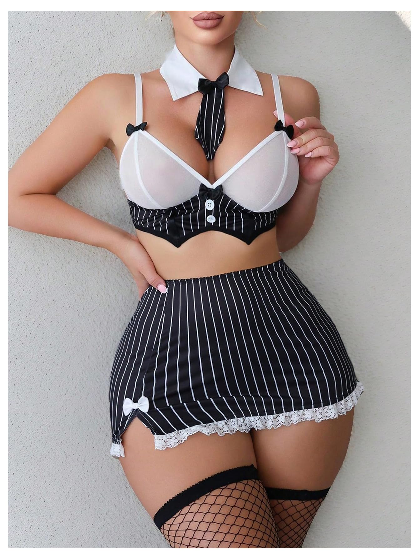 RoseSeek Women's 6 Piece Costumes Sets Striped Lace Bowknot Roleplay Lingerie Set Cosplay Outfits Black and White Medium: Small Black and White