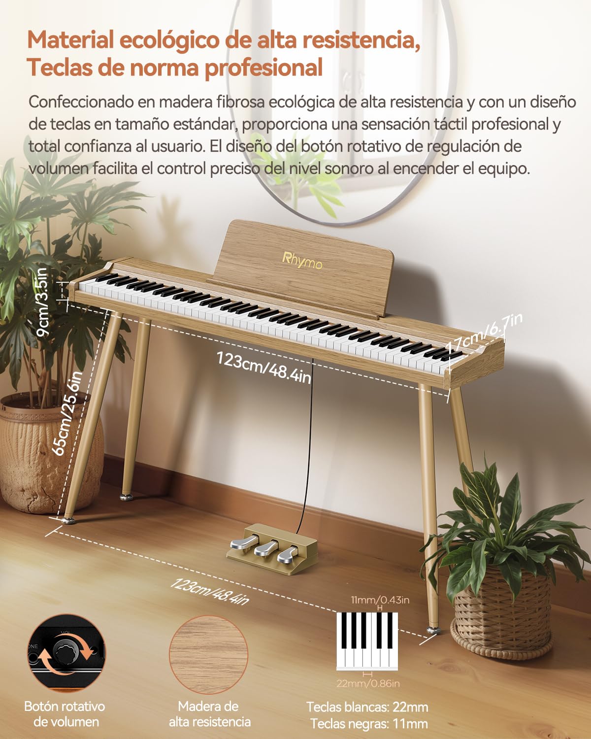 Rhymo Teclado Digital 88 Teclas Semipesado para Principiantes | Piano Eléctrico con Bluetooth Audio/MIDI, Altavoces 20W, Triple Pedal y Soporte – Color Madera
