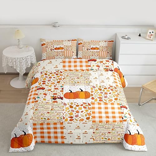 Miniatura 4 de Juego de edredón de calabaza de otoño, tamaño Queen, juego de ropa de cama de Acción de Gracias, 3 piezas de hojas de arce, tractores de granja,