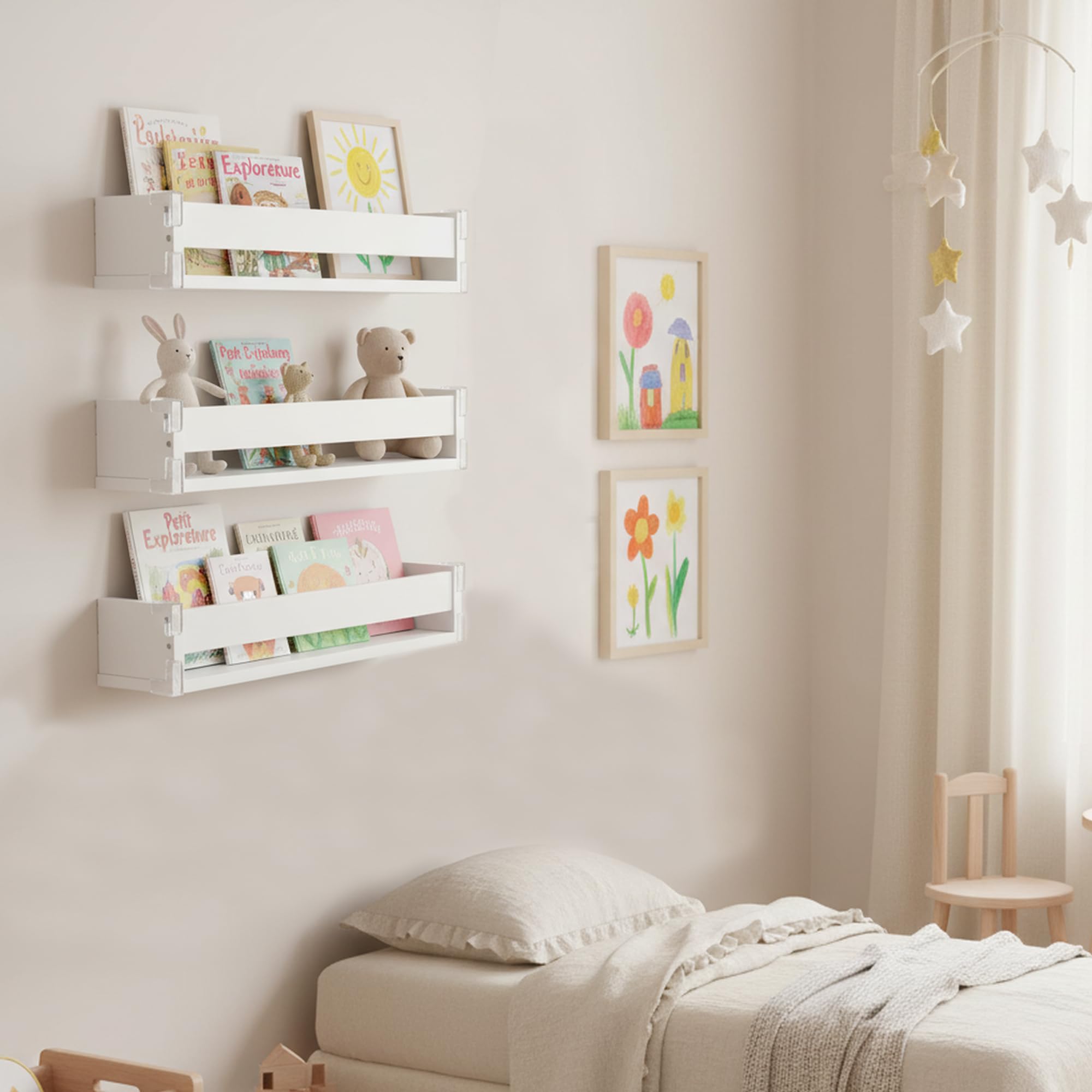 Wandregal für das Kinderzimmer, Bücherregal für Kinder und Wand, 3er-Set, Hängendes Bücherregal aus Holz,Schweberegale für Zeitschriften, Kinderzimmer, Wohnzimmer, Schlafzimmer oder Küche