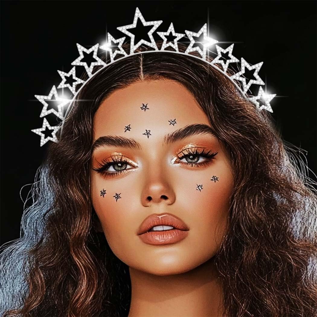 Reaky Stars Halo Crown Gold Headpiece Rhinestone Star Halo Crown Goddess Headbands Carnival Hair Accessories for Women (Silver - Image 3