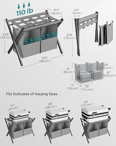 Miniatura 4 de SONGMICS Paquete de 2 portaequipajes con 2 bolsas de lavandería extraíbles, juego de 2 soportes para maleta para habitación de invitados, plegables