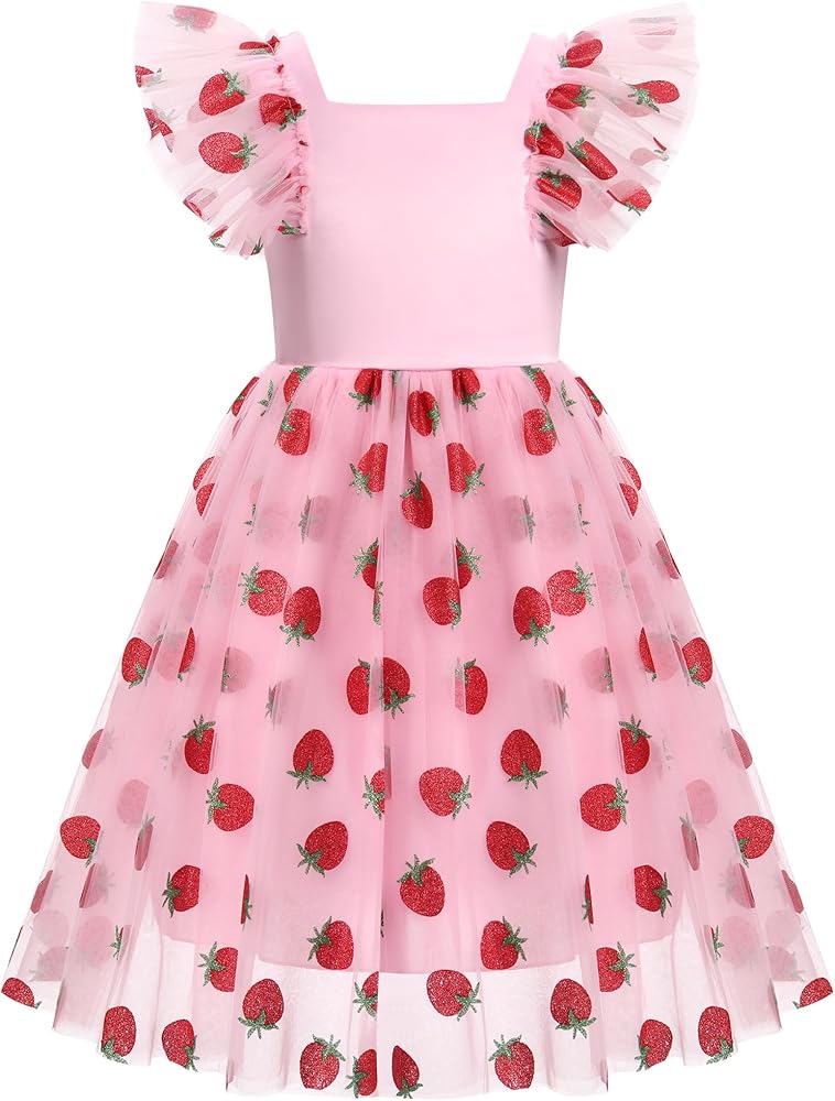 Amazon.com: Floral Embroidered Dress for Girls Ruffle Sleeve Formal Birthday  Wedding Pageant Party Tulle Dresses Pink Strawberry 5-6 Years: Clothing,  Shoes & Jewelry