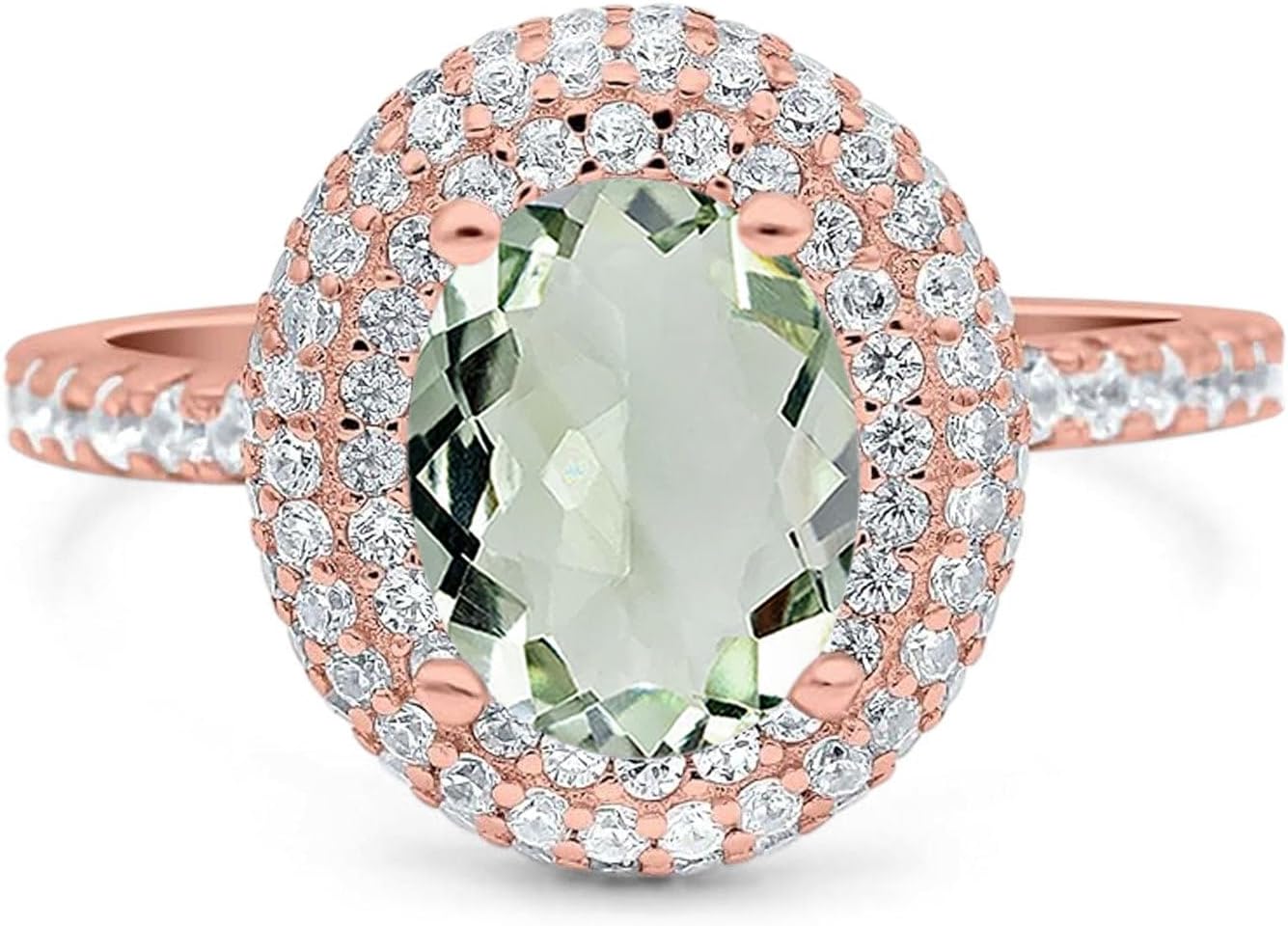 OMRANII Art Deco Oval Natural Green Amethyst Prasiolite Vintage Rings Sparkling Double Halo CZ Wedding Engagement Ring For Women 925 Sterling Silver Gifts For Her