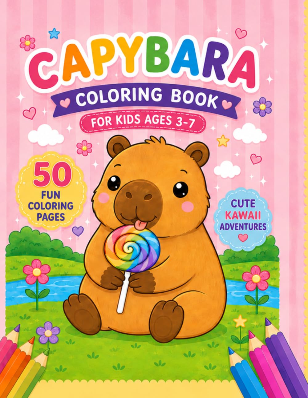 Capybara Coloring Book: 50 Fun Coloring Pages for Kids Ages 3-7 | Cute Kawaii Adventures