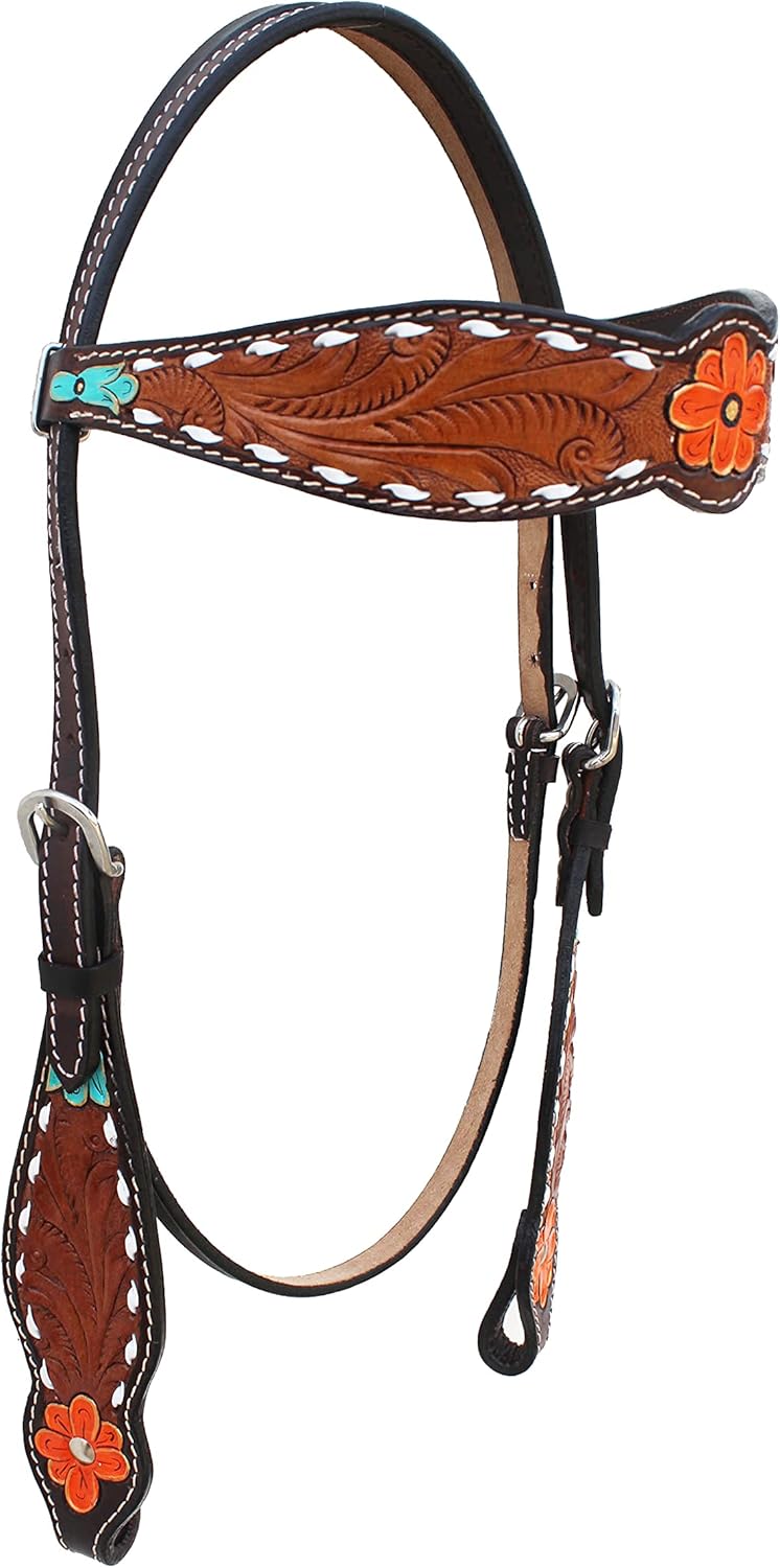 Western Headstall Breast Collar Reins Set Leather Hand Carved Tooled Equestrian Trail Horse Saddle Tack Set Full Cob Pony ST-HTS-036 (Pony)