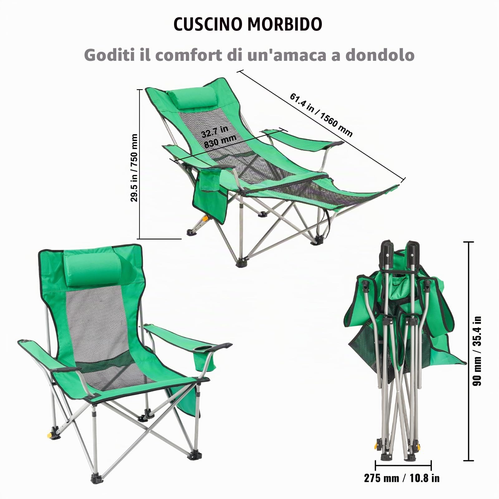 VEVOR Sedia da Campeggio Reclinabile, Carico di 149,69 kg Sedia da Campeggio Portatile Pieghevole a 4 Posizioni, con Poggiapiedi, Portabicchieri, Tasca Laterale e Poggiatesta, per Campeggio, Verde