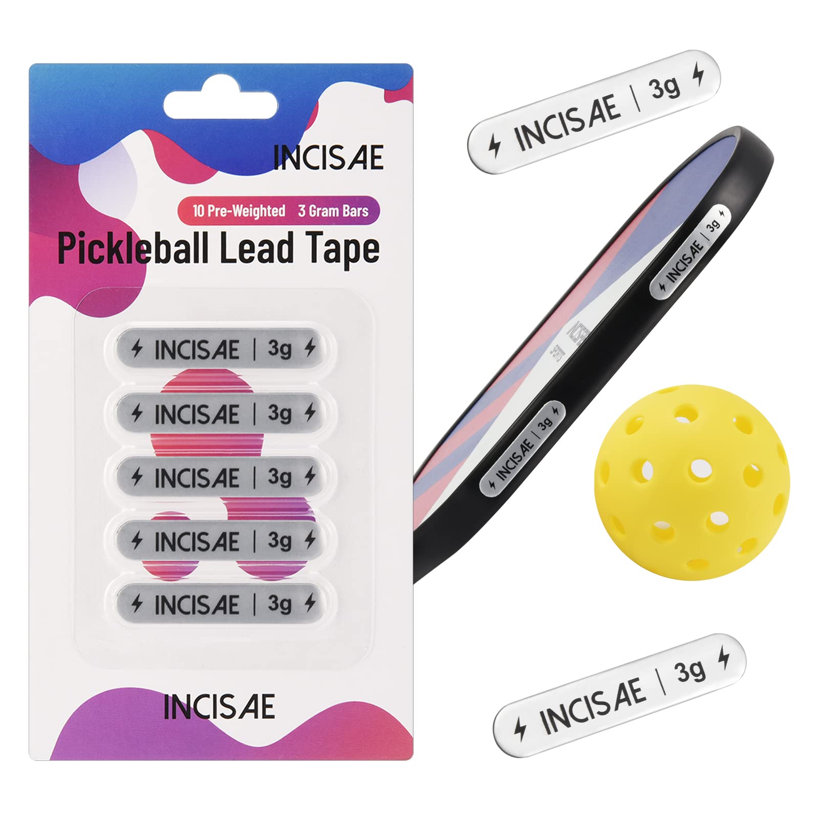 Incisae Pickleball Paddle Lead Tape Strip Weights | 10 Pre Cut 3g Strips for Improved Power, Spin, Sweet-Spot, and Head Weight (Silver-4)