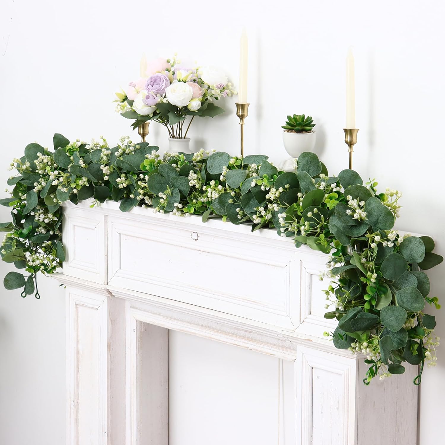 SOMYTING Eucalyptus Garland, 4 Packs 5.9FT Greenery Garland with Gypsophila Flowers Artificial Faux Silver Dollar Eucalyptus Leaves Fake Vines for Indoor Outdoor Table Mantle Home Wedding Decor (4PCS)