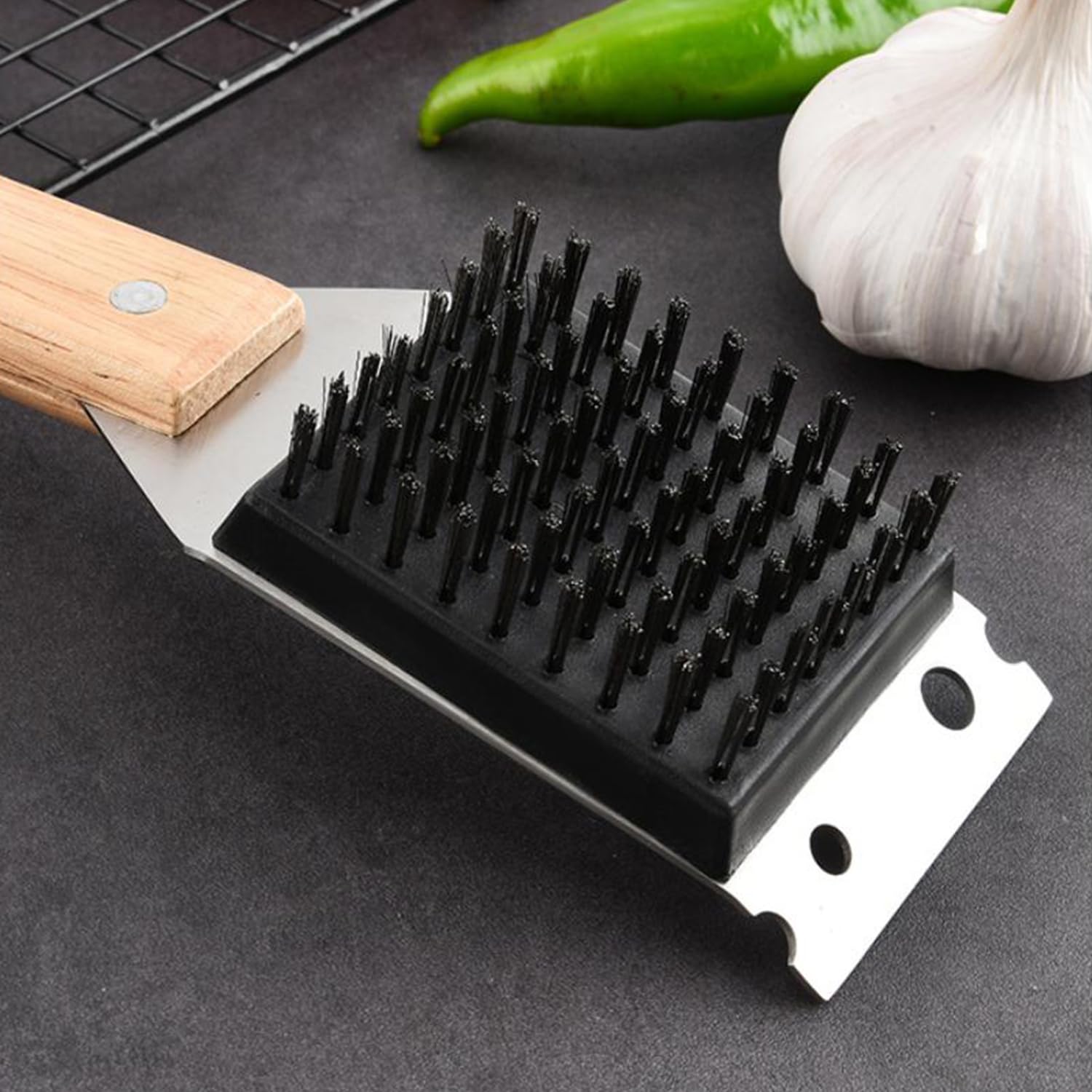 14.6”Grill Brush and Scraper with 1 Brush Replacements, Wire BBQ Grill Brush with Anti Scalding Wooden Handle for Outdoor Grill, Stainless Steel BBQ Accessories, Brosse BBQ — view 5