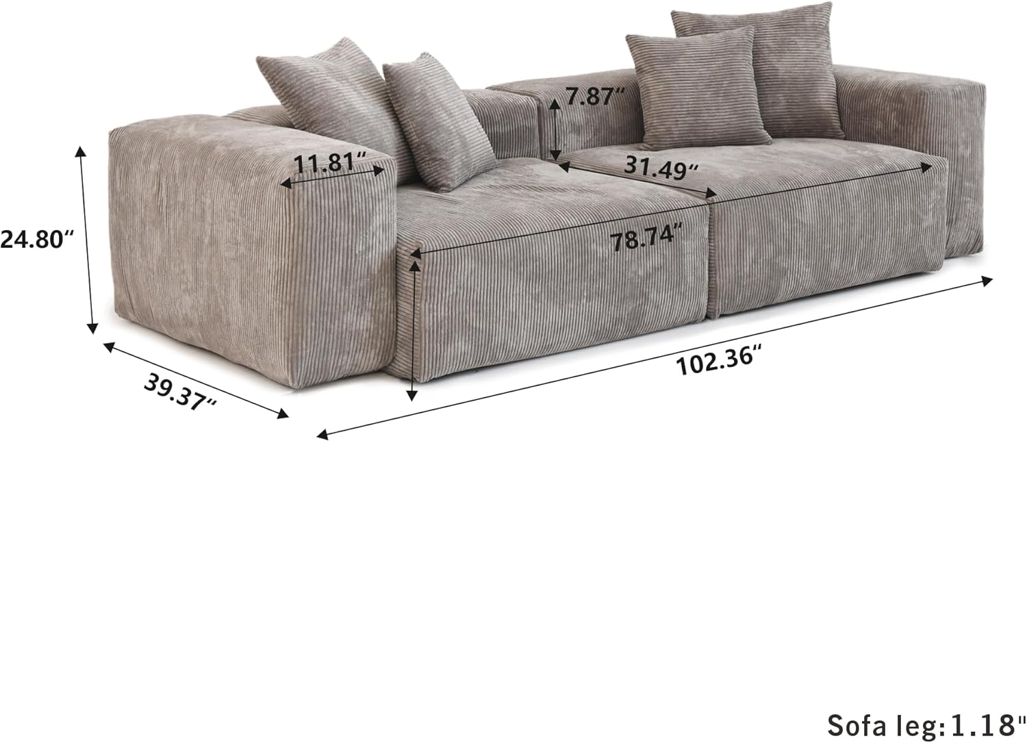 JACH 102" Sectional Couch Sofa with 4 Pillows, Corduroy Comfy Modular Sectional Sofa, Cushion Covers Removable, Love Seat Soft Couches for Living Room, Office, Apartment, Light Brown
