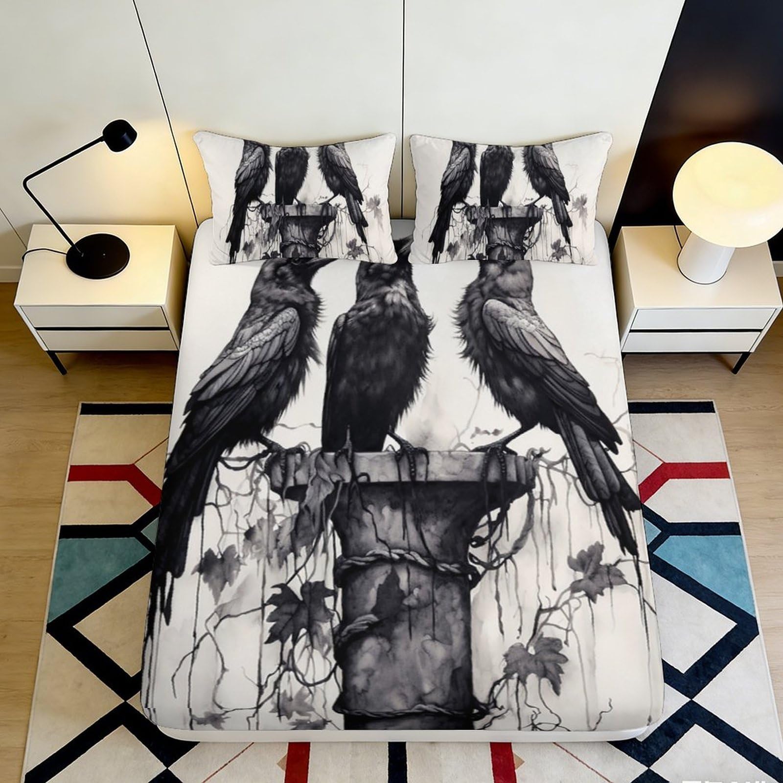 3D Printed Black Raven Fitted Sheet Microfiber Soft Gothic Skull Mattress Cover for Bedroom Dorm Decor 90x200x25cm