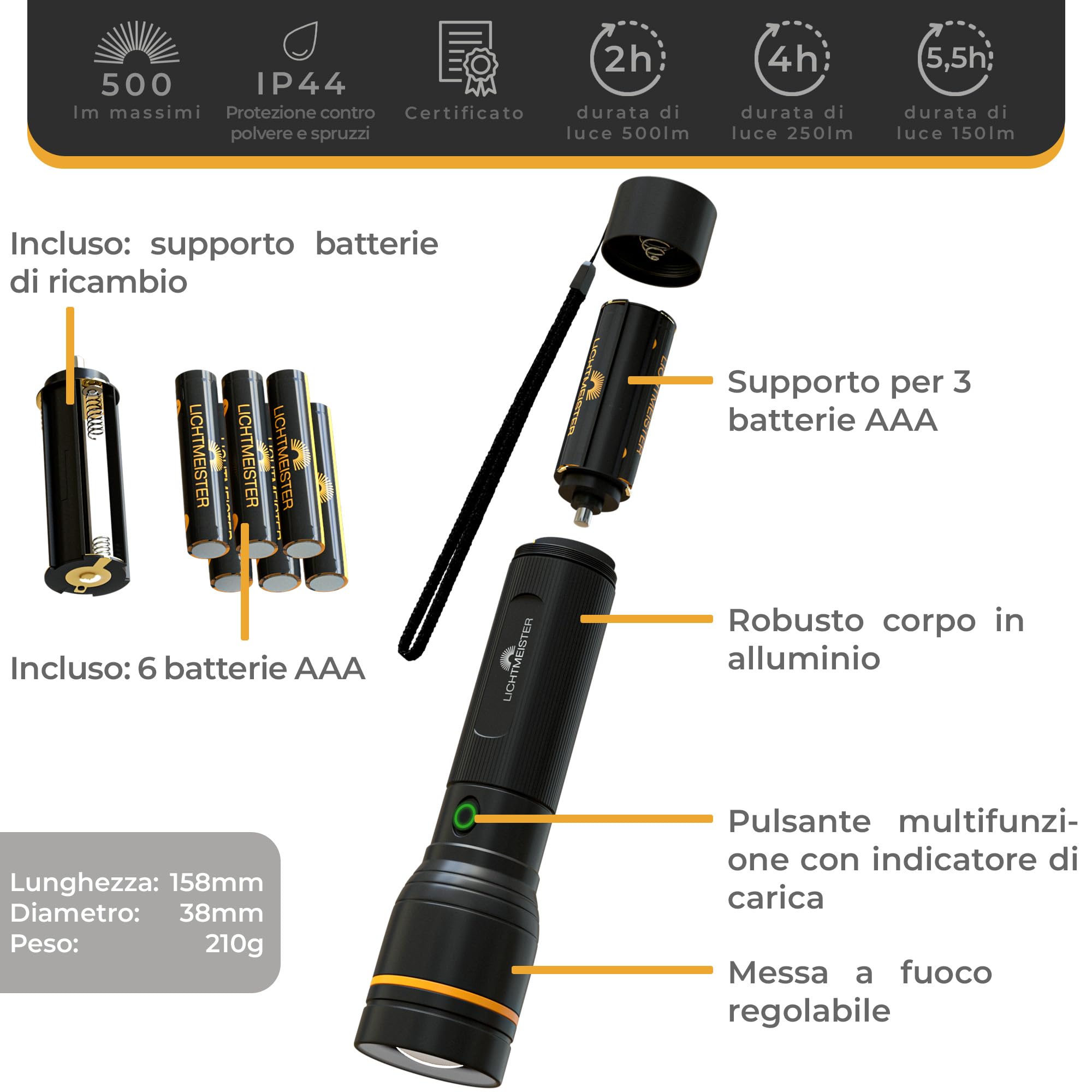 LICHTMEISTER® Torcia (500 lumen con batterie AAA) – Torcia LED potente professionale - estremamente luminosa