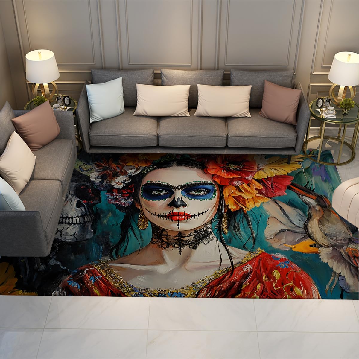 Tapis de salon crâne floral boho pour sublimer votre dressing