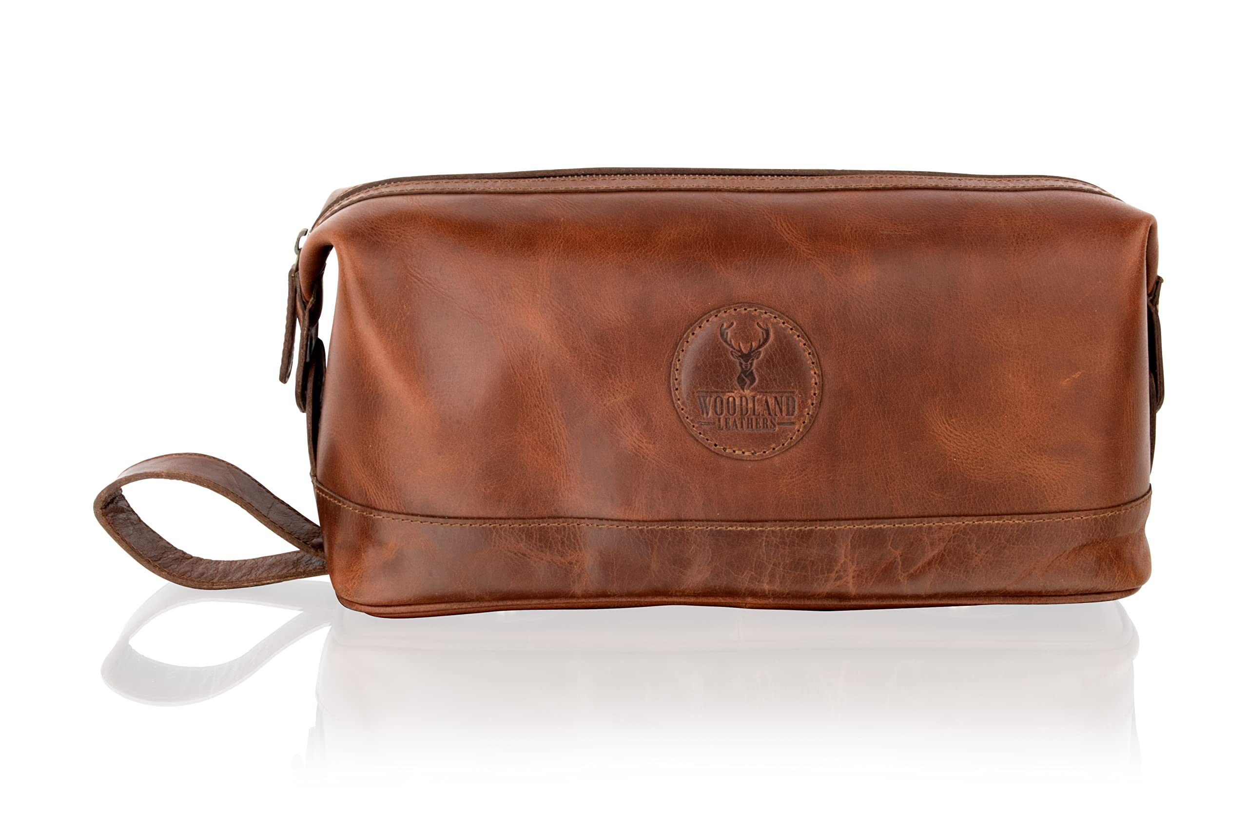 Woodland Leathers Mens Toiletry Bag and Wash Bag, Genuine Leather Large Travel Toiletry Bag for Men Scratch and Water Resistant, Woodland Hand Made and Limited Edition Wash Bag, Tan, Toiletry Bag
