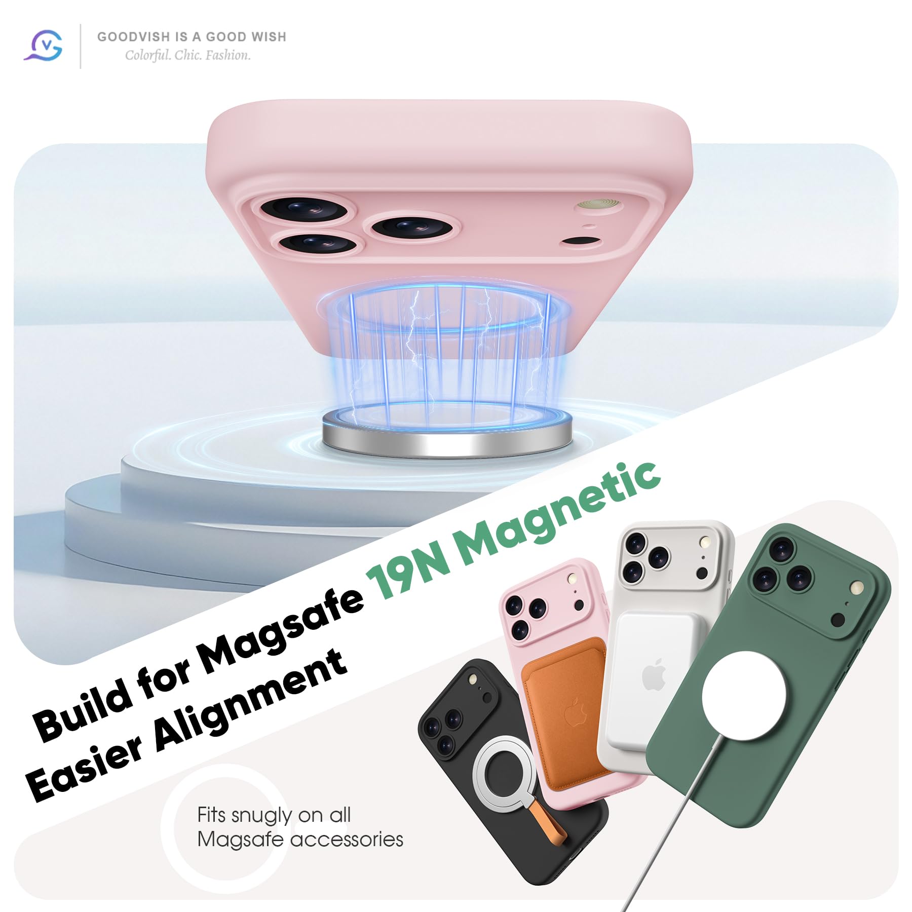 GOODVISH Magnetica Silicone Cover per iPhone 17 Pro Max 6.9", Custodia con 2x Vetro Temperato [Pulsante Controllo Fotocamera] 360° Protezione Anticaduta Case per Antiurto Resistente, Rosa Sabbia