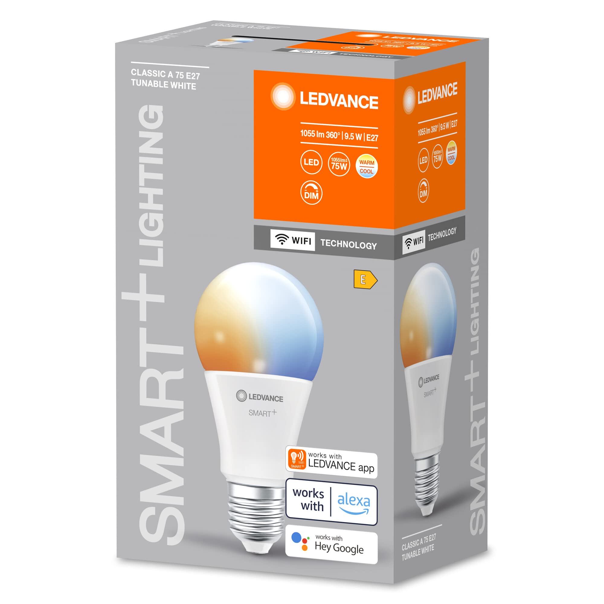 LEDVANCE Lampada LED SMART+ WIFI, smerigliata, 9,5W, 1055lm, forma classica a goccia con E27, luce bianca regolabile, dimmerabile, app o controllo vocale, durata fino a 20.000HR, confezione da 4