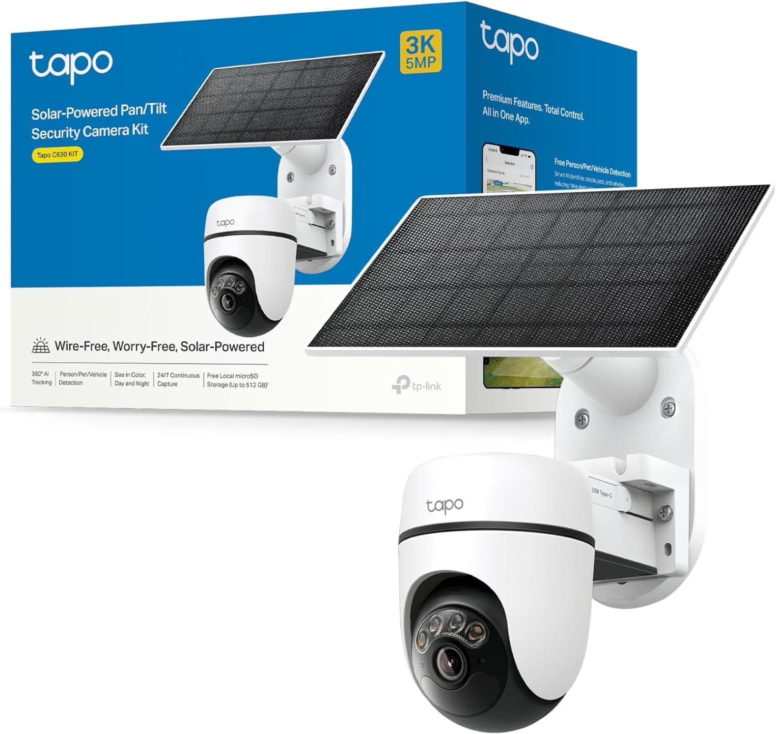 Tapo C630 Kit- 3K 5MP Wireless Outdoor WiFi Camera with Solar Panel, Wireless Outdoor WiFi Surveillance Camera with 360° PTZ