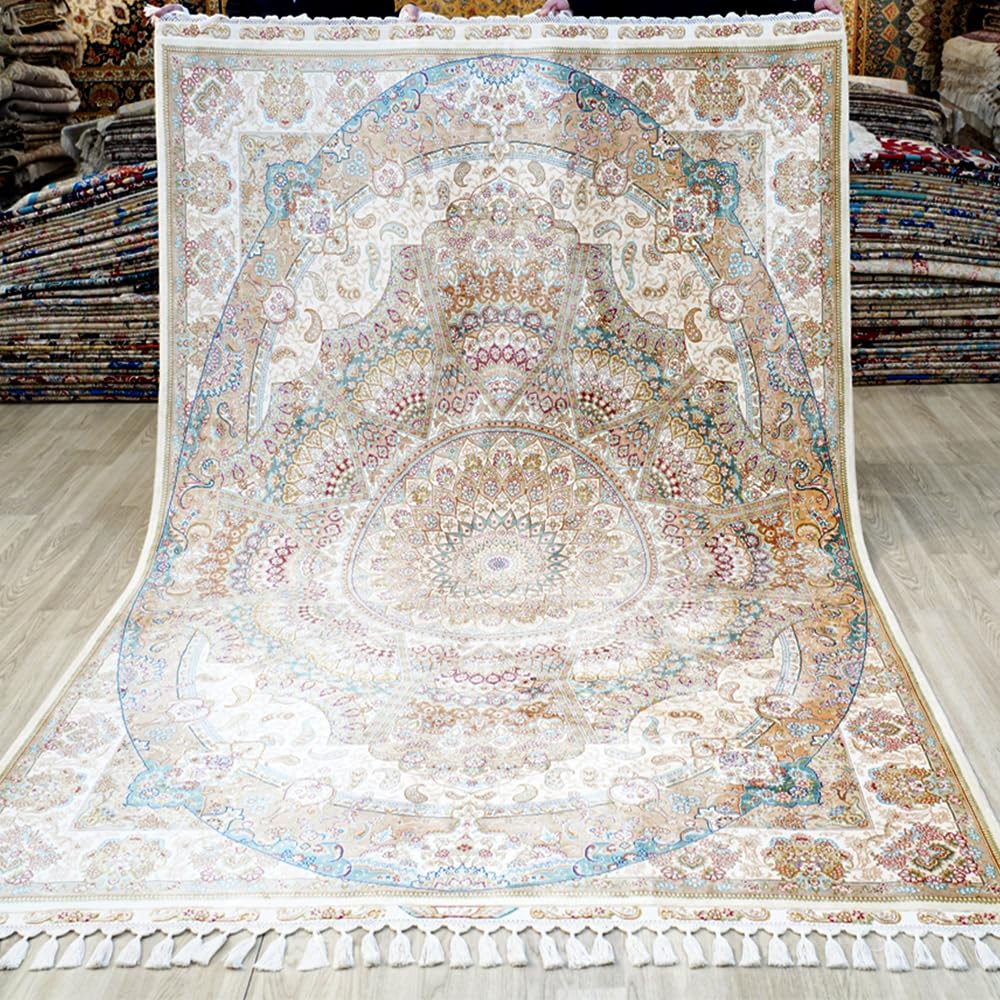 Silk Carpet 5 5x8 Beige Handwoven Vintage Antique Luxury Oriental Silk Area Rug for Living Room