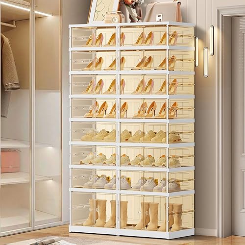 Miniatura 3 de EHAMILY 8 niveles 16-32 pares de cajas de zapatos plegables, estante grande de plástico para almacenamiento de zapatos, organizador de zapatos