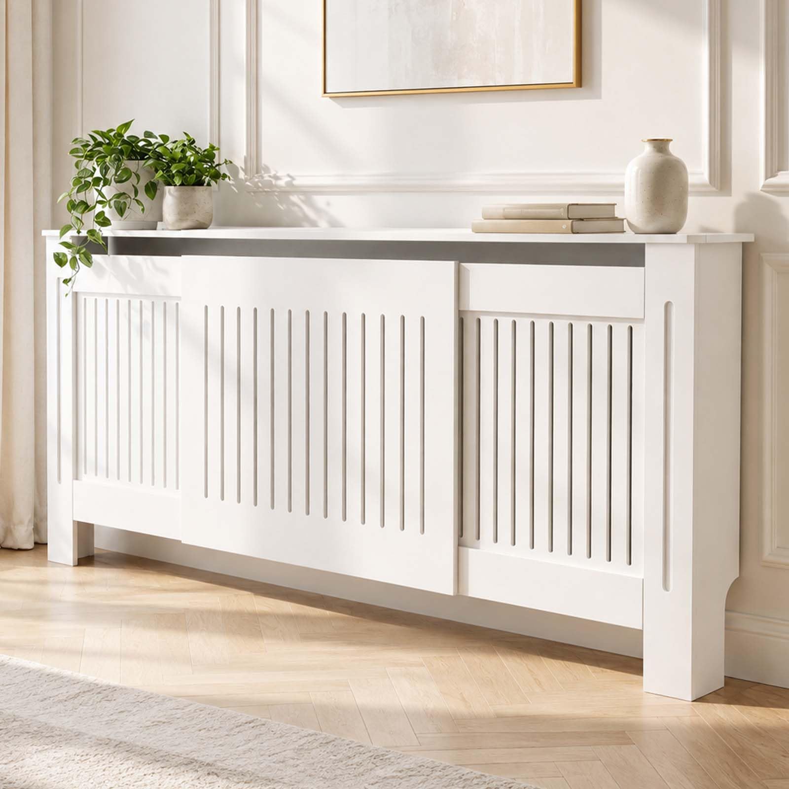 Extendable Heater Covers with Top, Modern Radiator Shelf for Living Room Bedroom Hallway Office, Freestanding Enclosure HRVEOCEI 55-80 Inch Adjustable Radiator Covers for Home (White)