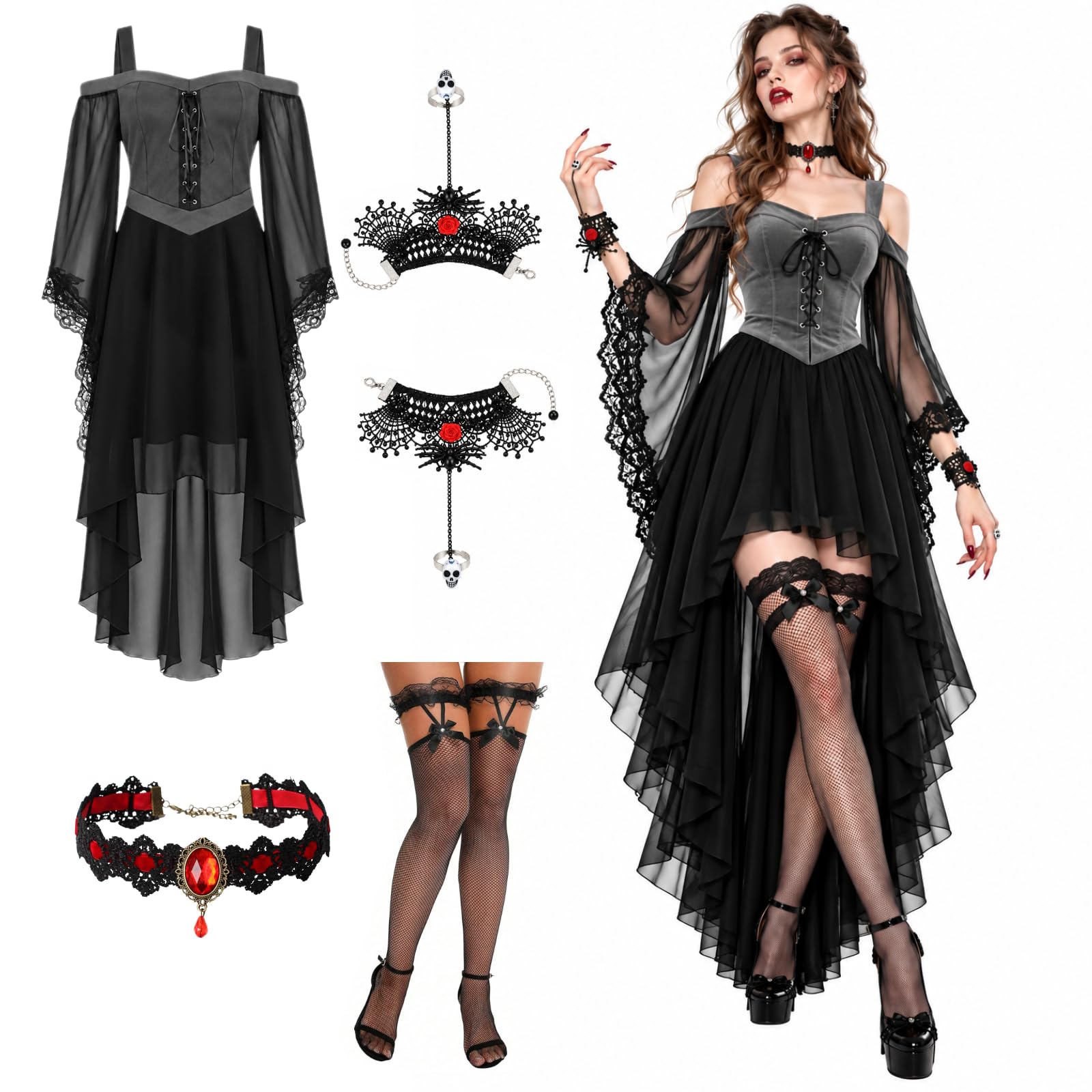 Halloween Costumes Adult,Vampire Costume, 4Pcs Adult Halloween Fancy Dress Outfit, Gothic Vampire Dress with Choker, Bracelet and Fishnet Tights for Women Party Cosplay โ image 1