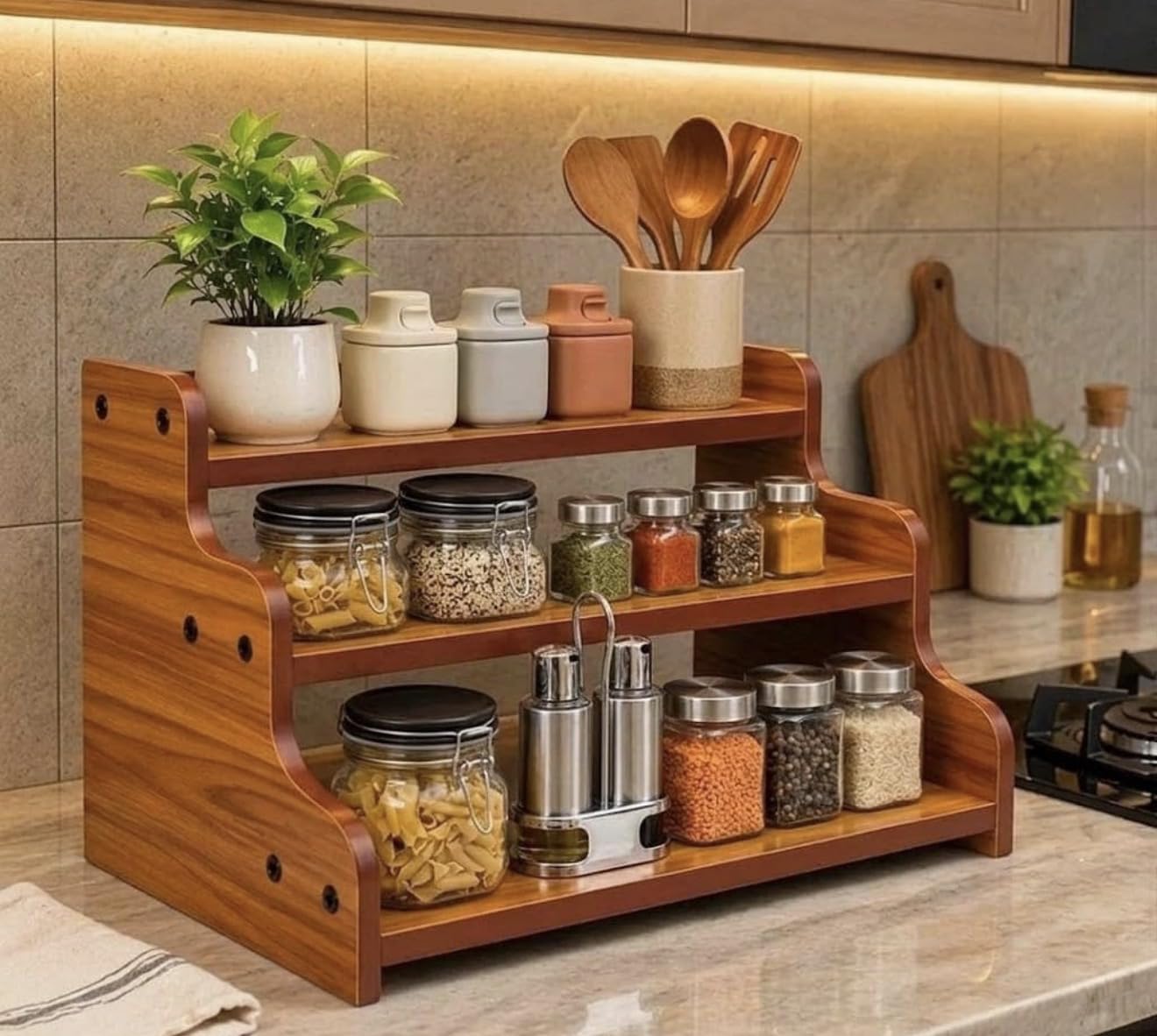 Wooden 3 Tier Kitchen Organizer Rack for Countertop | Spice Rack Stand for Kitchen Counter | Masala Storage Shelf | Multipurpose Kitchen Storage Rack - Brown-image-25