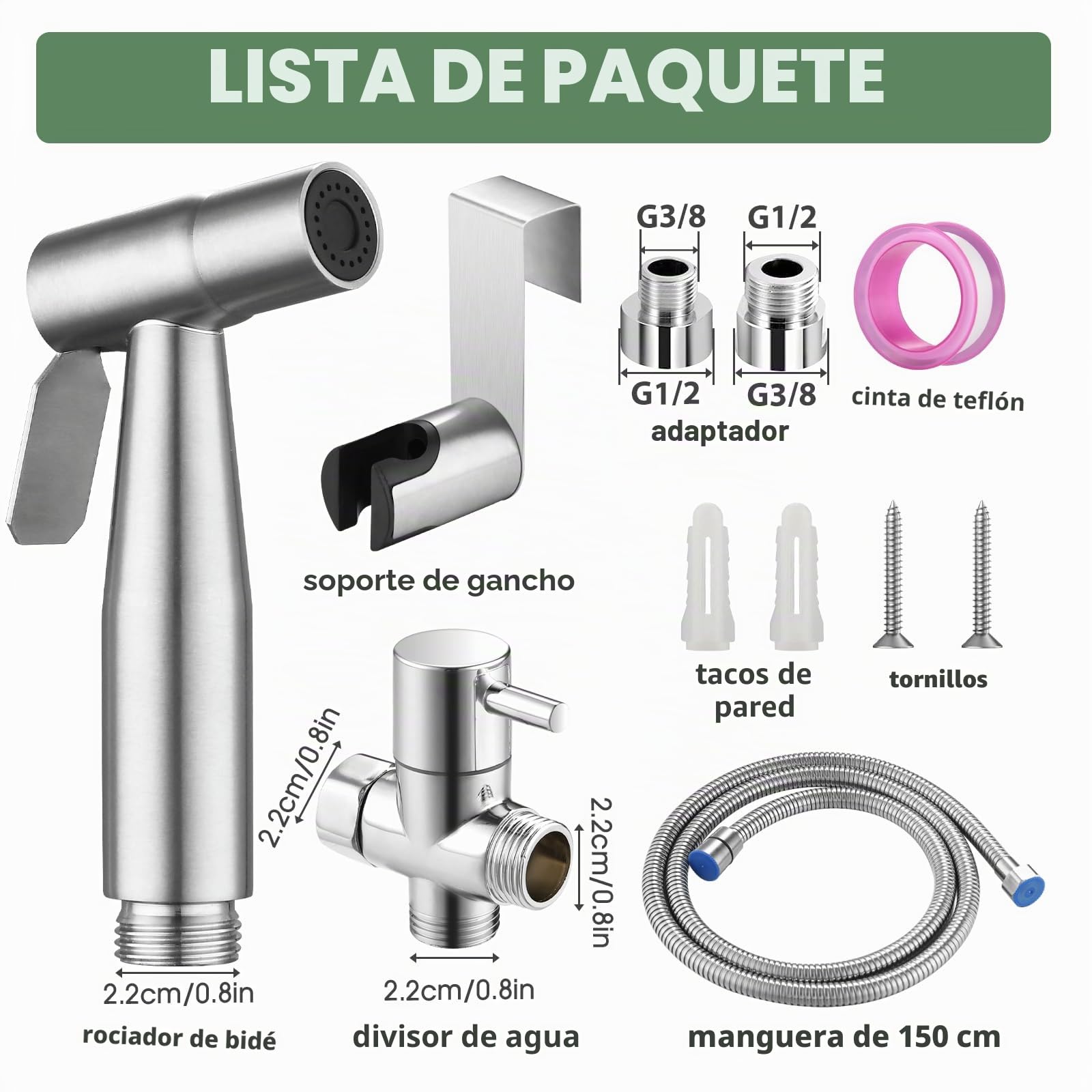 Alcachofa de mano para bidé, accesorio de bidé de acero inoxidable para inodoros, cabezal de pulverización ajustable de alta presión para higiene íntima (G1/2"-3/8")