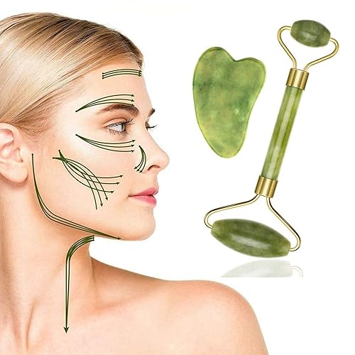 Rodillo de jade para cara, Gua Sha, herramienta de drenaje linfático para cara, ojos, cuello, cuerpo, estiramiento de la piel, reduce las arrugas y
