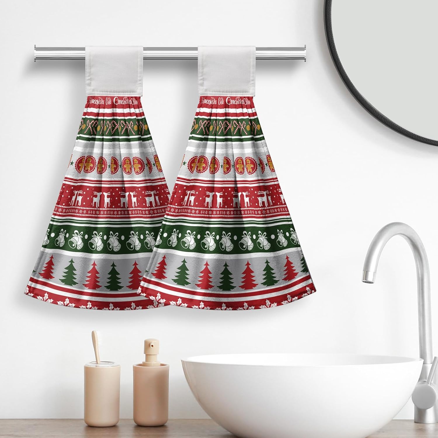 Lealeg Christmas Reindeer Hand Towel with Hanging Loop Winter Bells Bow Tie Towels