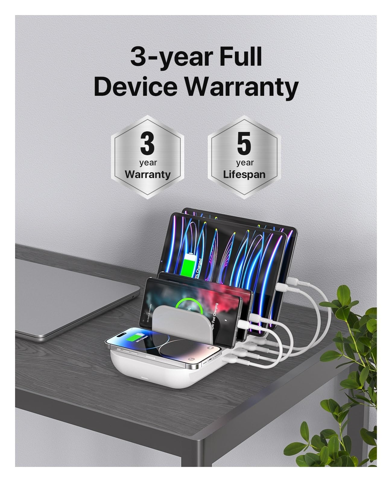 Ładowarka USB, 5-portowa stacja ładująca 70 W z bezprzewodową podkładką ładującą 15 W Port USB-C z 25 W PD3.0 dla wielu urządzeń 5 sztuk kabla mieszanego Wielofunkcyjne gniazdo USB