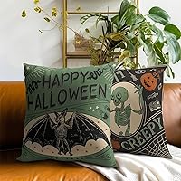 Vista 7 de Kawani Fundas de almohada de Halloween de 16 x 16 pulgadas, diseño de gatos aterradores, calabazas, esqueletos, murciélagos, juego de 2 almohadas