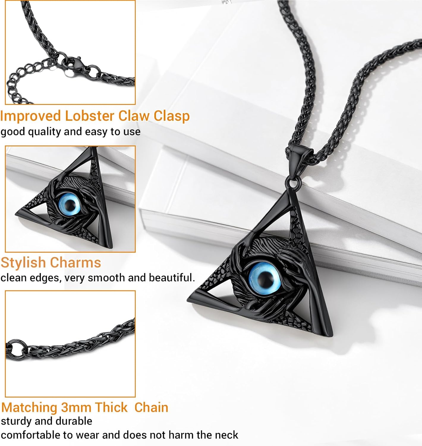 PROSTEEL Vintage Evil Eye Jewelry Protection Hands Triangle Pendant Good Luck Necklace for Men Women, Black/Gold Plated Stainless Steel, 22inch, Come with Box - Image 4