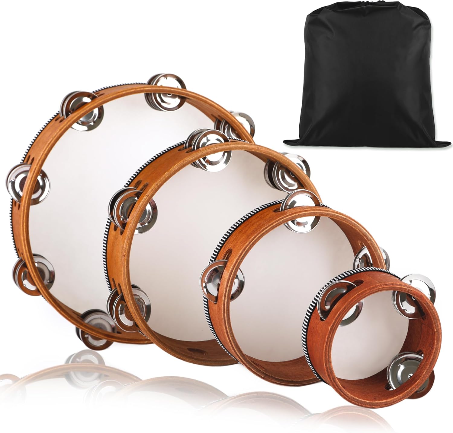 4 Pack Wood Tambourine 4 6 8 10 Inch Tambourine for Adult with Single Double Row Jingle Bell Storage Bag Hand Held Drum Percussion Musical Instrumen for Wedding Church Party
