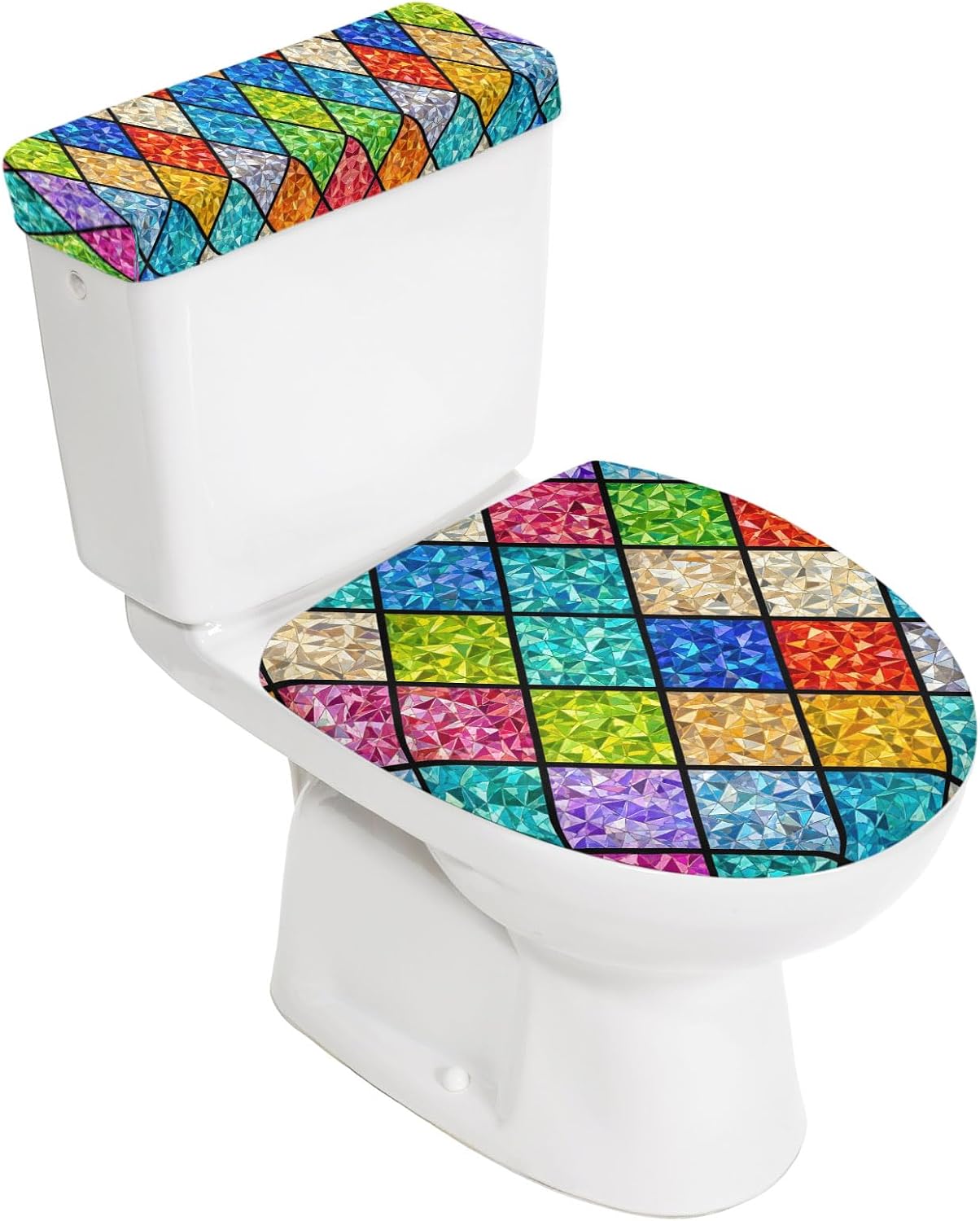 Colorful Plaid Toilet Lid Cover and Tank Cover Set,Stained Glass Rainbow Geometric Grid 2pc Stretch Toilet Lid Seat Covers for Bathroom Washable Protector with Elastic Edge for