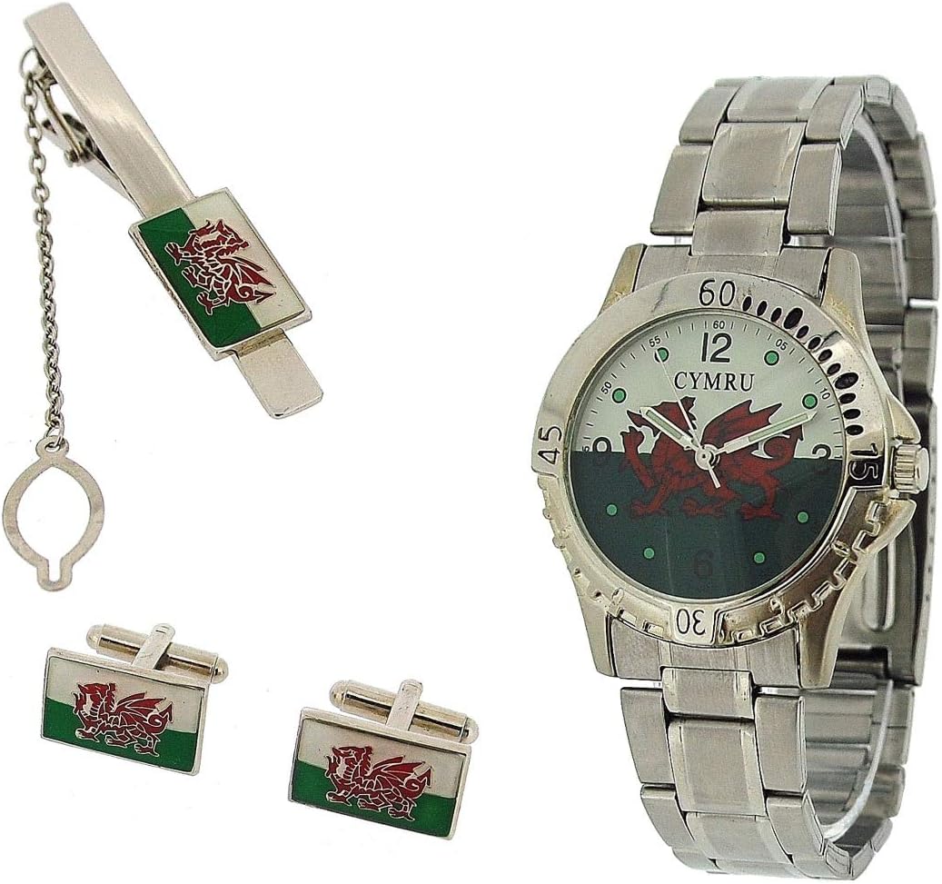 Boxx - Gents Analogue Numbers Country Flag Pocket Watch with Chain & Matching Cufflinks
